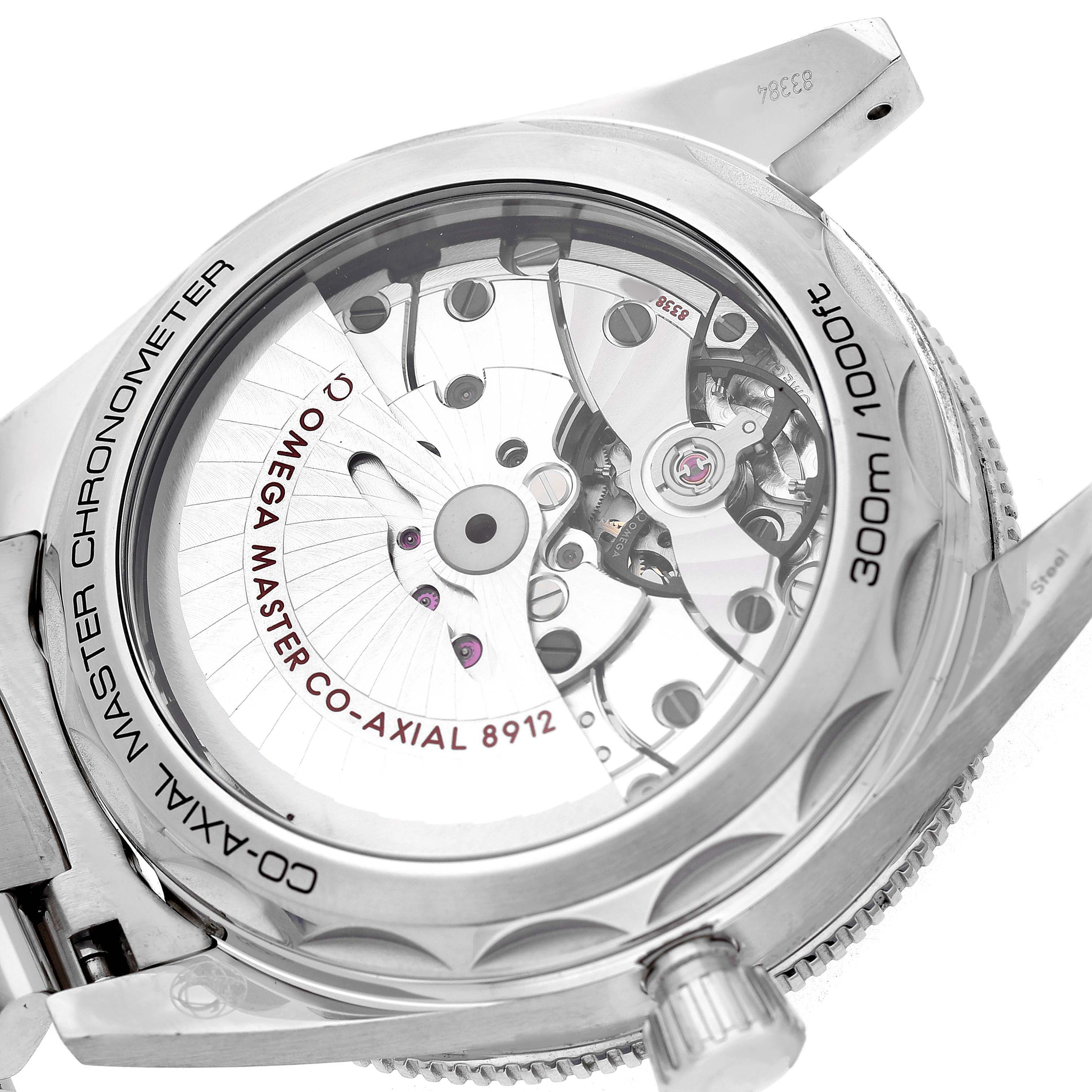 The image shows the case back of an Omega Seamaster 234.30.41.21.01.001 Men's Stainless Steel Black Dial, revealing its Co-Axial 8912 movement.