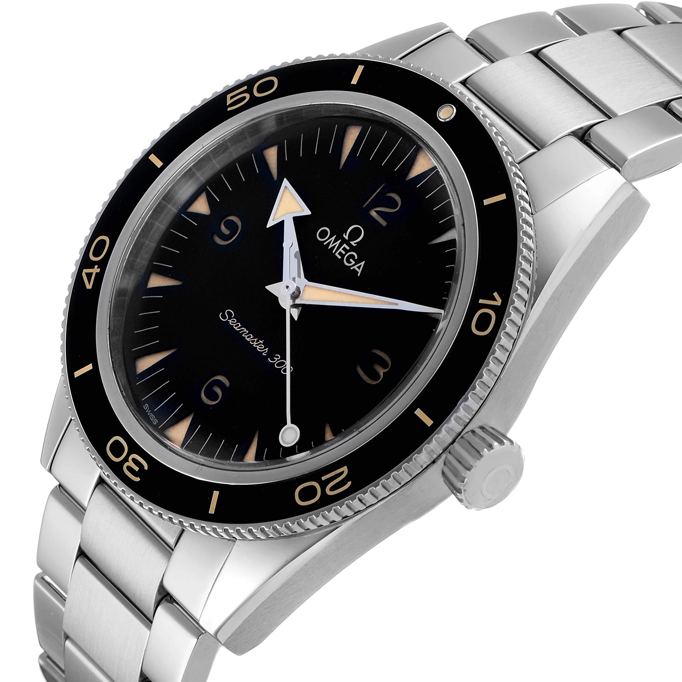 The image shows an Omega Seamaster 234.30.41.21.01.001 Men's Stainless Steel Black Dial watch at a tilted angle highlighting the bezel, dial, crown, and stainless steel bracelet.