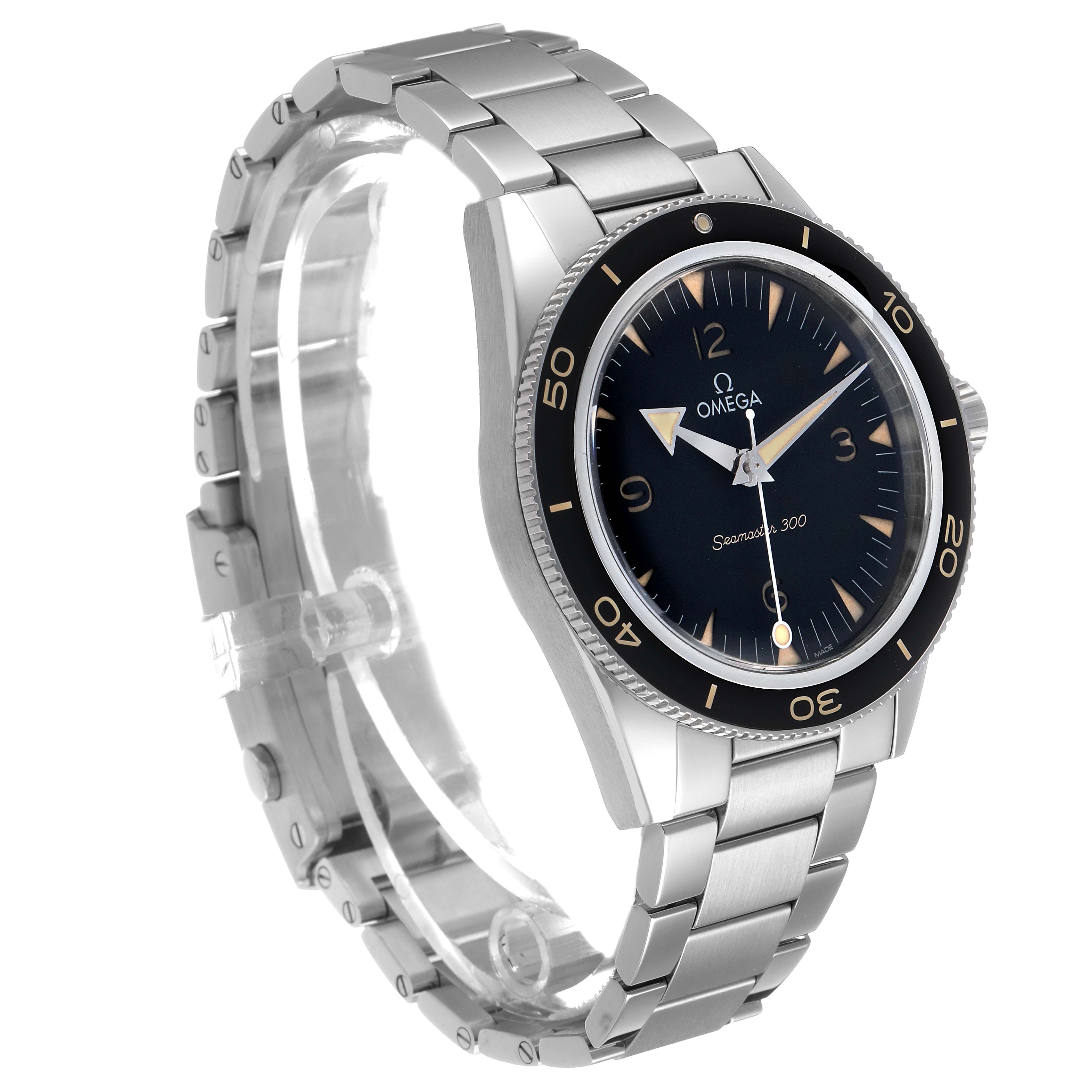 The Omega Seamaster 234.30.41.21.01.001 Men's Stainless Steel Black Dial watch is shown at a three-quarter angle, highlighting the dial, bezel, and bracelet.
