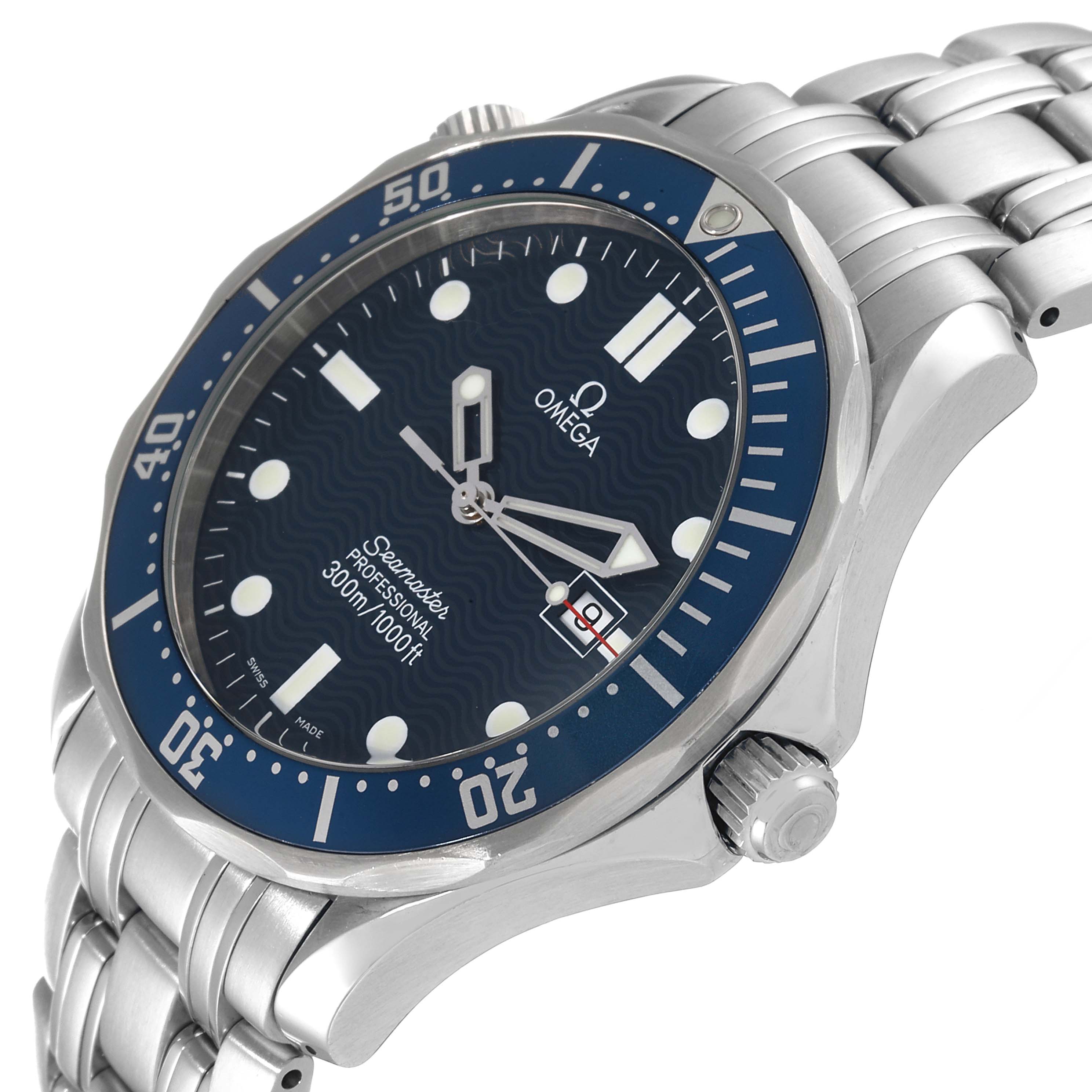 The image shows a side view of the Omega Seamaster 2541.80.00 Men's Stainless Steel Blue Dial 2541.80.00 Men's Stainless Steel Blue Dial watch, highlighting its blue bezel, dial, and stainless steel bracelet.