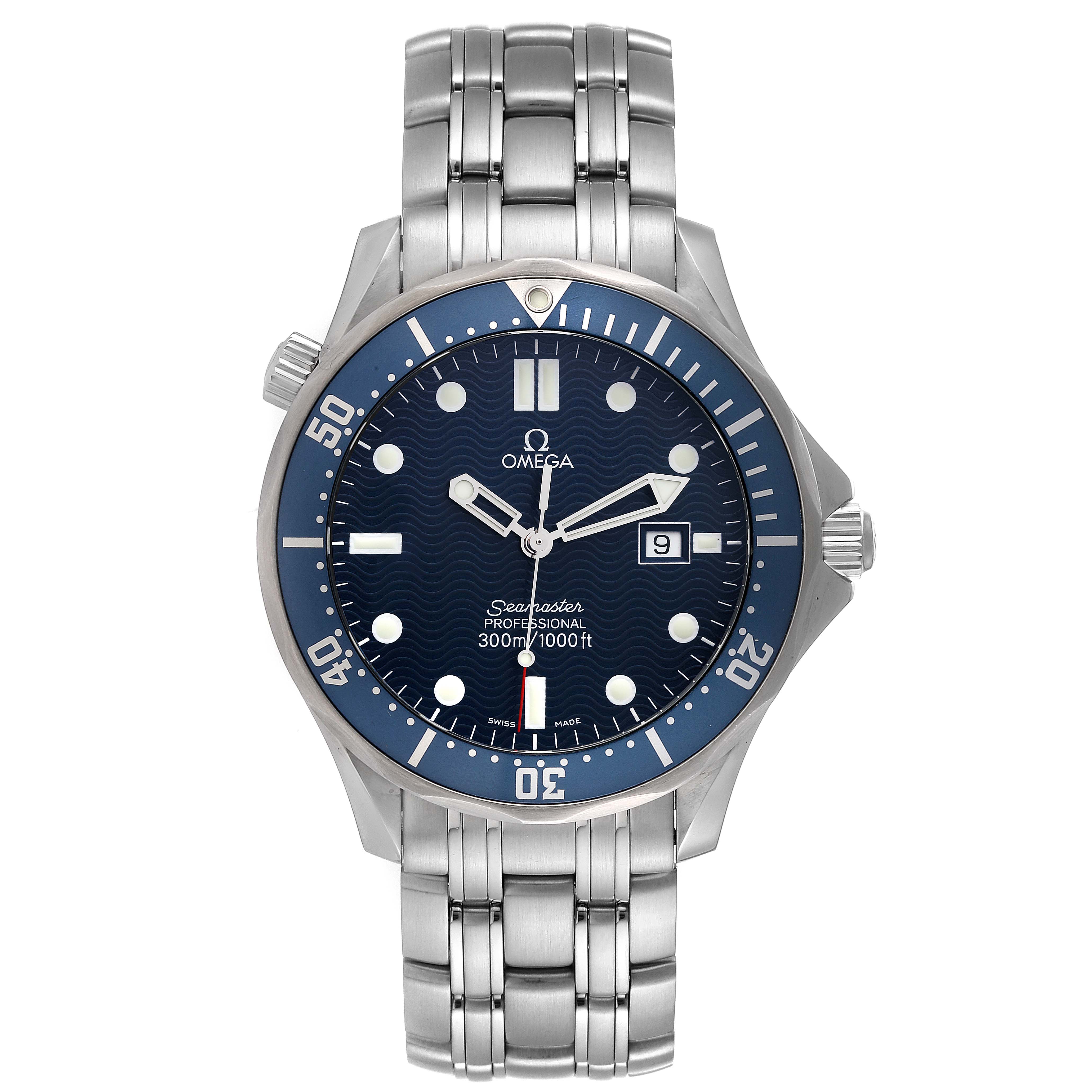 The image shows a front view of an Omega Seamaster 2541.80.00 Men's Stainless Steel Blue Dial 2541.80.00 Men's Stainless Steel Blue Dial watch, displaying the dial, bezel, and stainless steel bracelet.