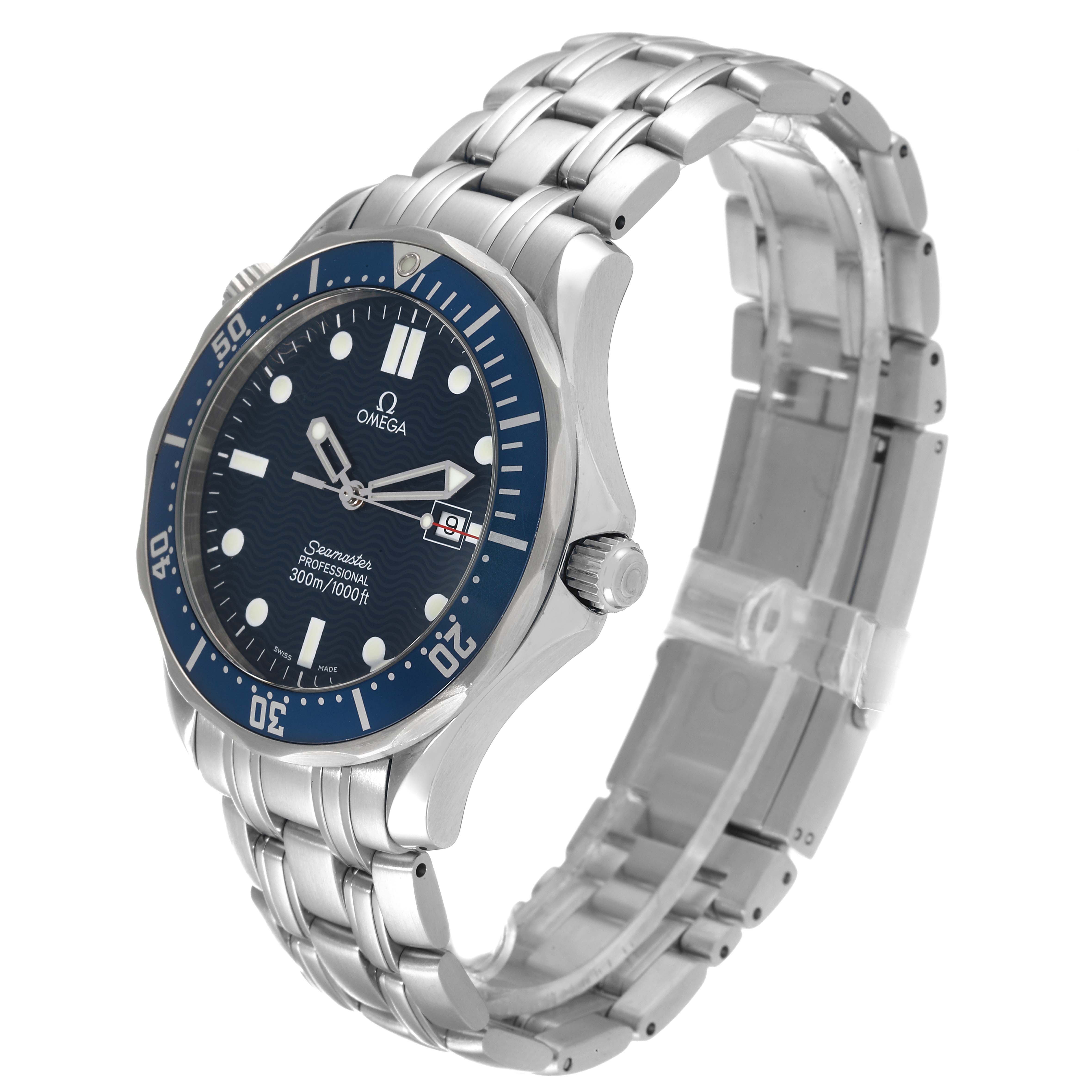 The Omega Seamaster 2541.80.00 Men's Stainless Steel Blue Dial 2541.80.00 Men's Stainless Steel Blue Dial watch is shown at a three-quarter angle, displaying the face, bezel, crown, and metal bracelet.