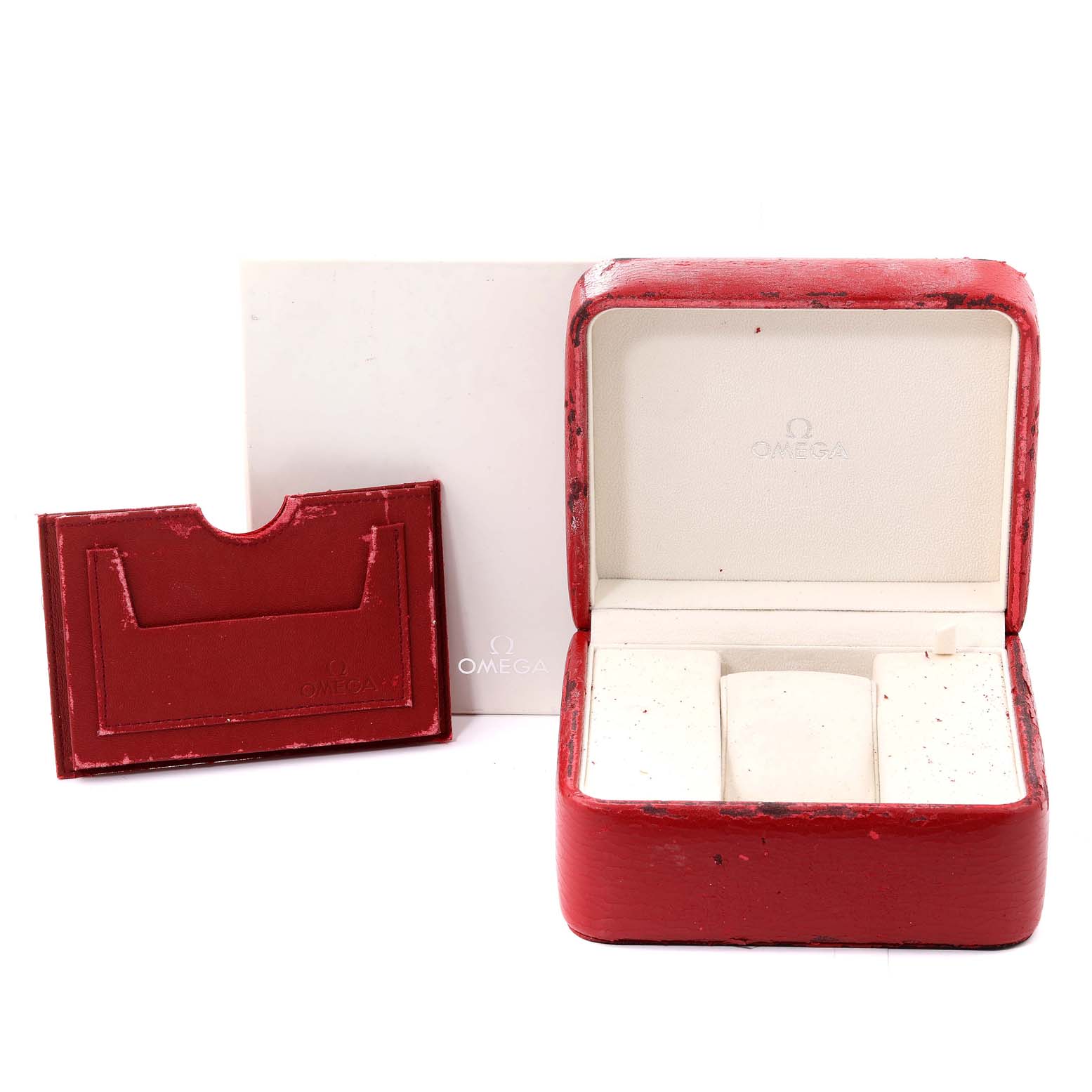 The image shows a red and white Omega Seamaster 2541.80.00 Men's Stainless Steel Blue Dial 2541.80.00 Men's Stainless Steel Blue Dial watch box with accompanying accessories.