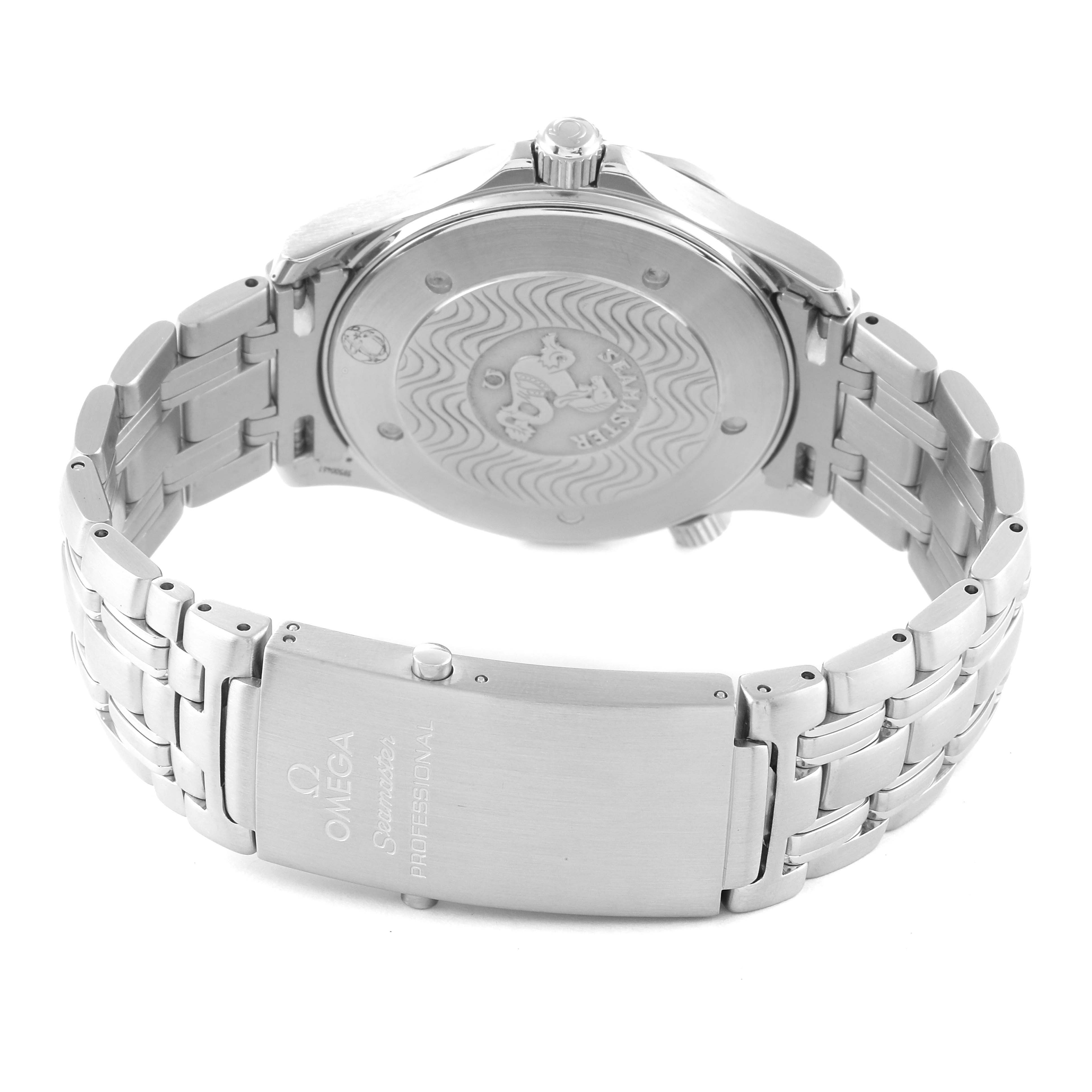 The image shows the back view of an Omega Seamaster 2541.80.00 Men's Stainless Steel Blue Dial 2541.80.00 Men's Stainless Steel Blue Dial watch, highlighting its clasp and case back.