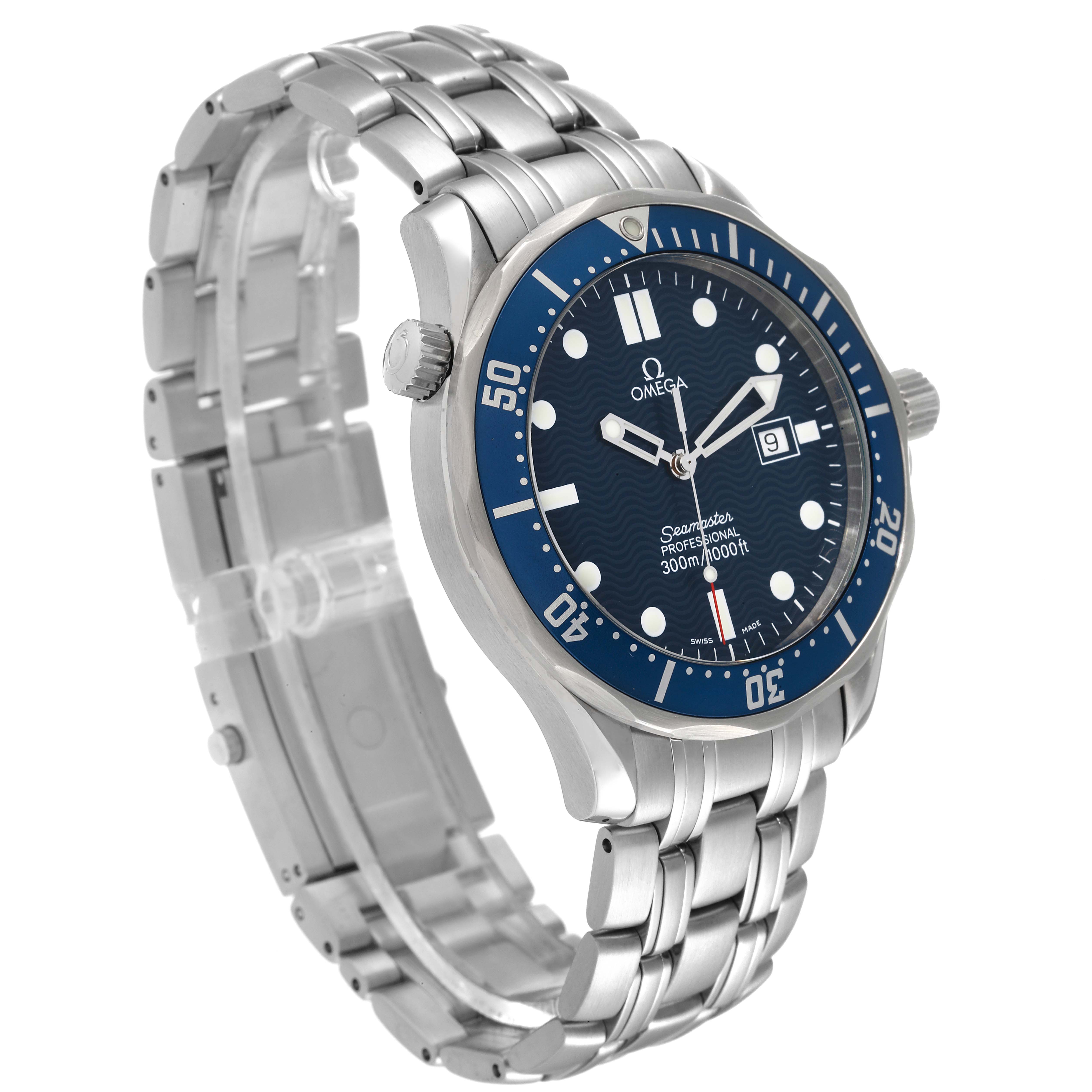 The image shows an angled view of the Omega Seamaster 2541.80.00 Men's Stainless Steel Blue Dial 2541.80.00 Men's Stainless Steel Blue Dial watch, highlighting its blue dial, stainless steel bracelet, and bezel.