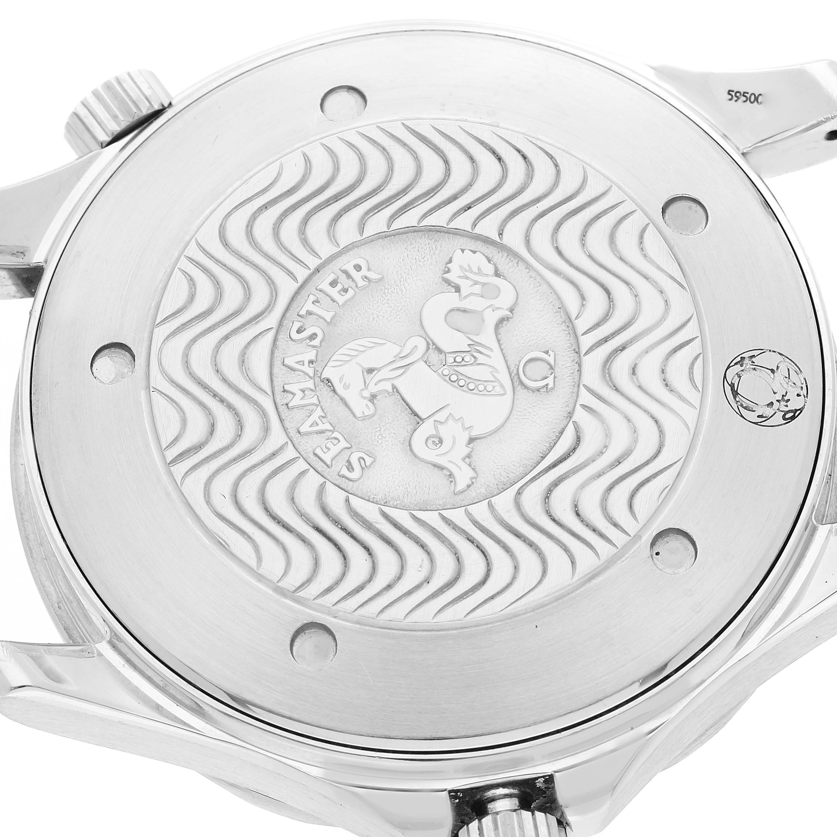 The image shows the back case cover of an Omega Seamaster 2541.80.00 Men's Stainless Steel Blue Dial 2541.80.00 Men's Stainless Steel Blue Dial watch, featuring the engraved logo and wavy pattern.