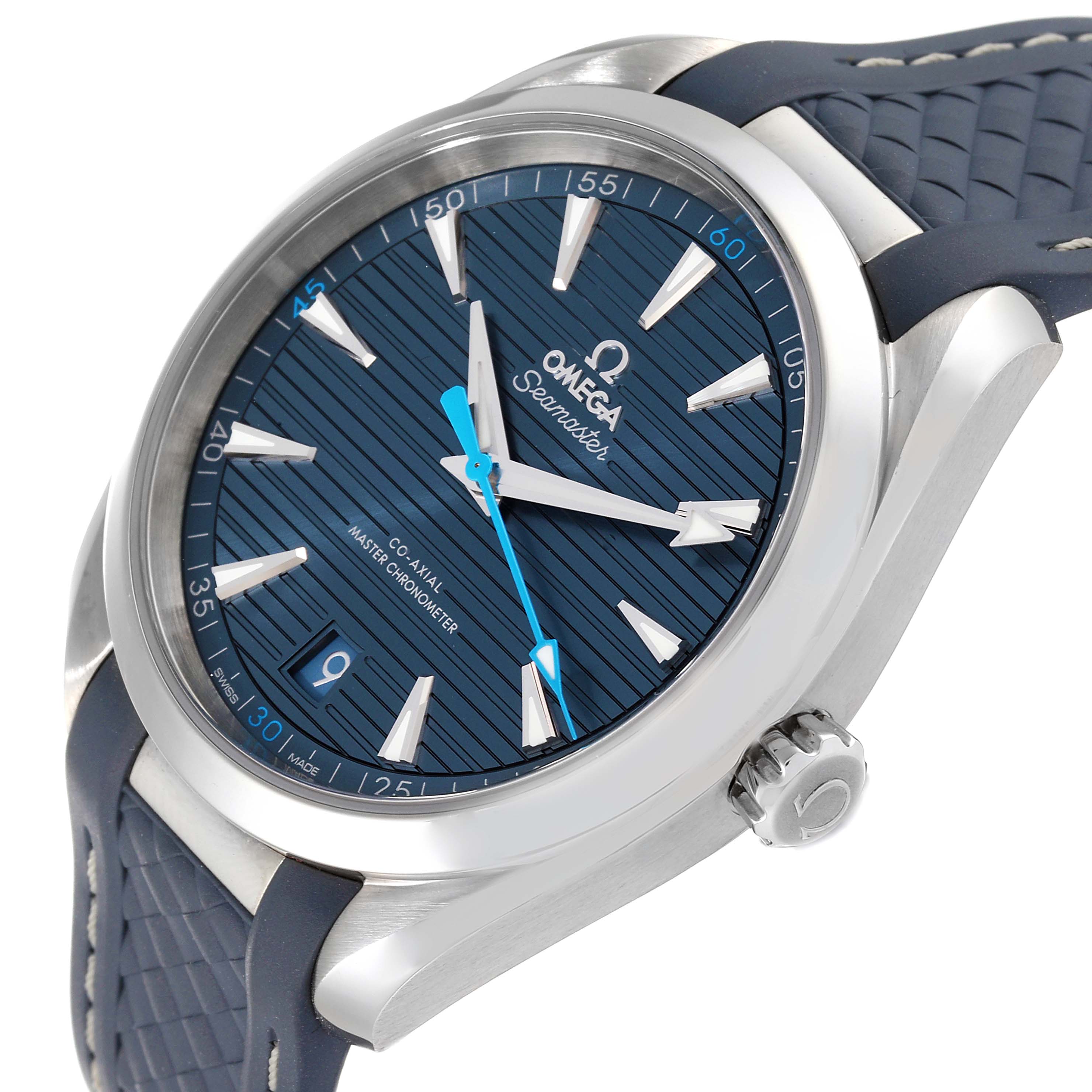 The image shows an angled close-up of the Omega Aqua Terra 220.12.41.21.03.002 Men's Stainless Steel Blue Dial 220.12.41.21.03.002 Men's Stainless Steel Blue Dial watch, displaying the face, bezel, crown, and part of the strap.