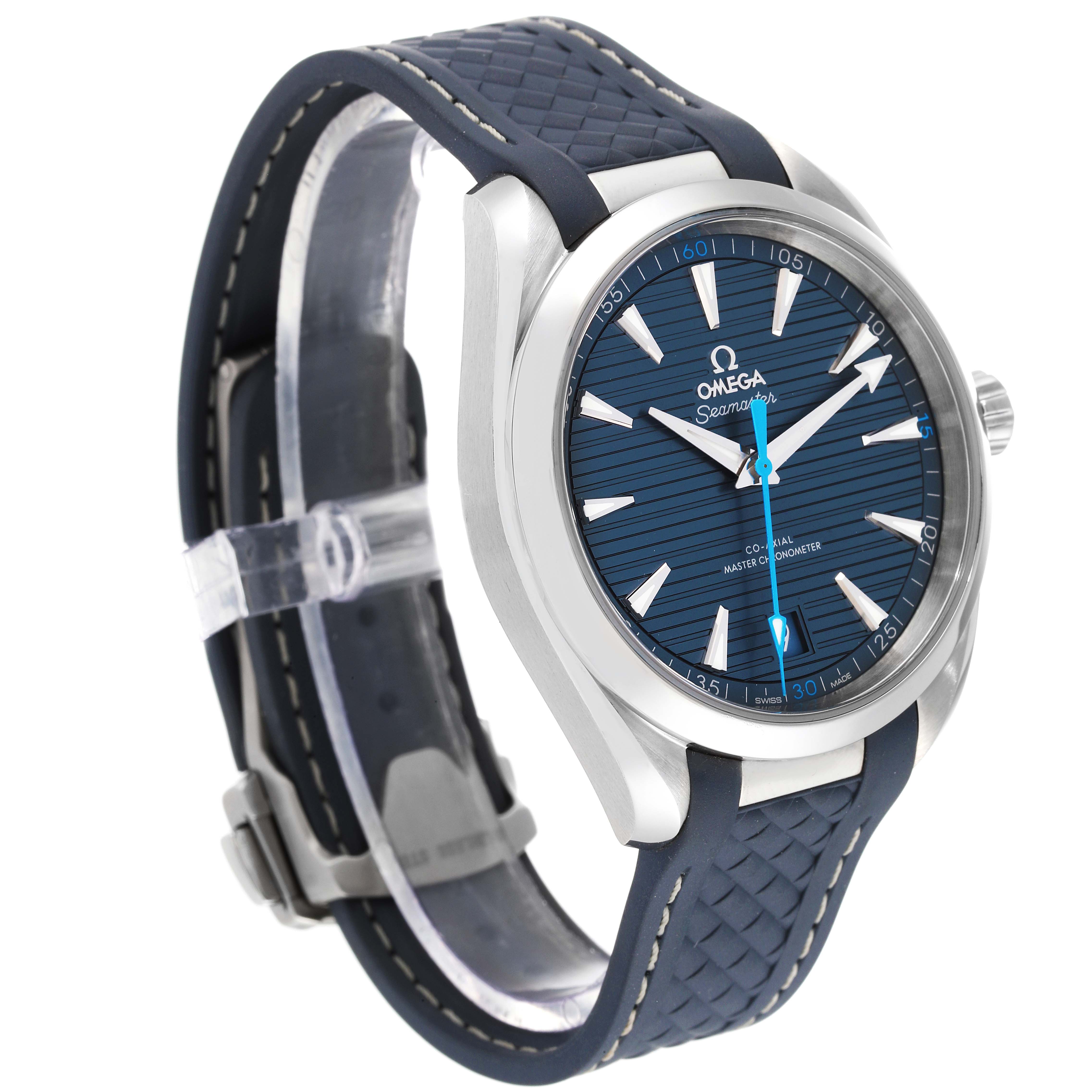The image shows an Omega Aqua Terra 220.12.41.21.03.002 Men's Stainless Steel Blue Dial 220.12.41.21.03.002 Men's Stainless Steel Blue Dial watch from a three-quarter angle, highlighting the face, strap, and clasp.