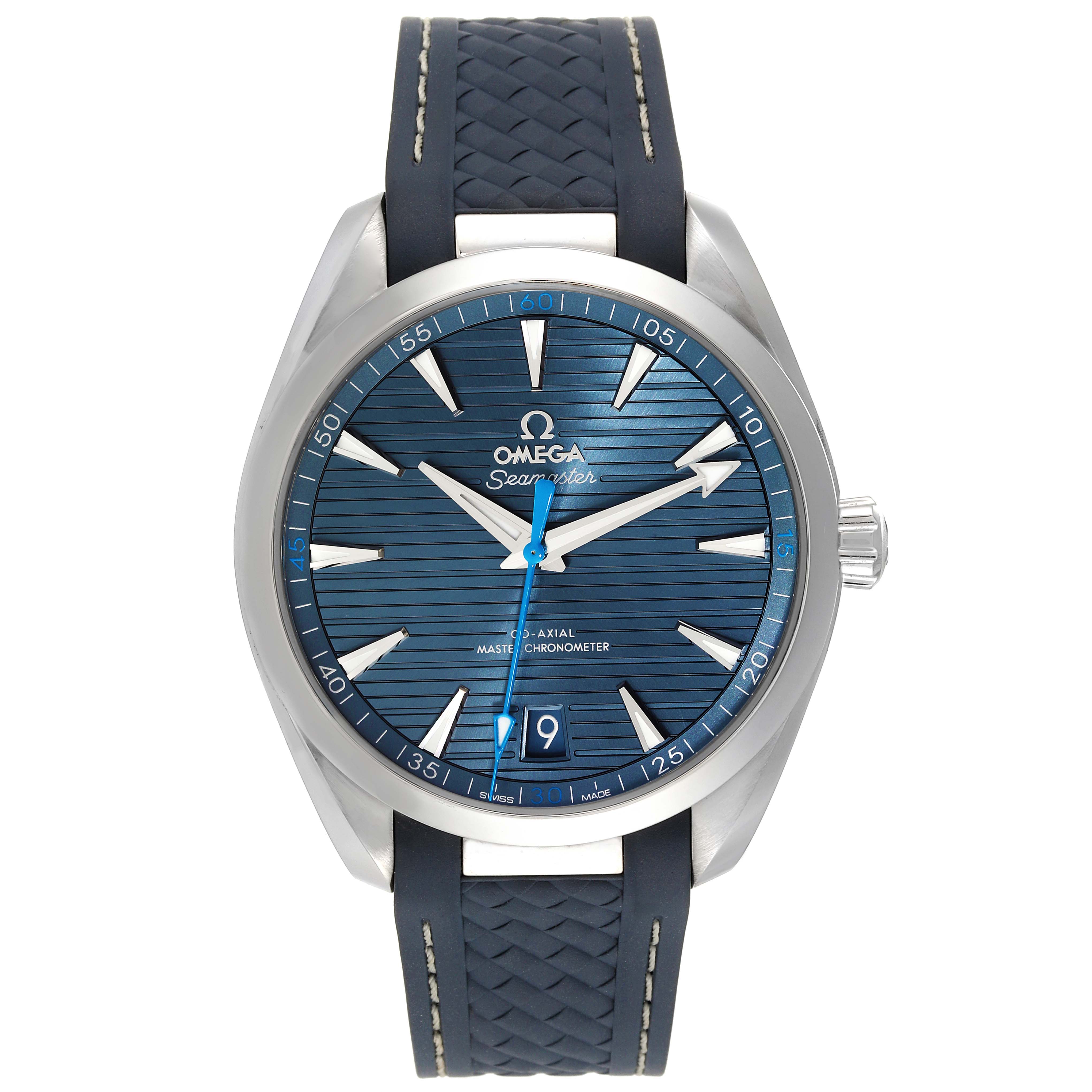 The image shows a front view of the Omega Aqua Terra 220.12.41.21.03.002 Men's Stainless Steel Blue Dial 220.12.41.21.03.002 Men's Stainless Steel Blue Dial Seamaster watch with a blue dial and matching blue strap.
