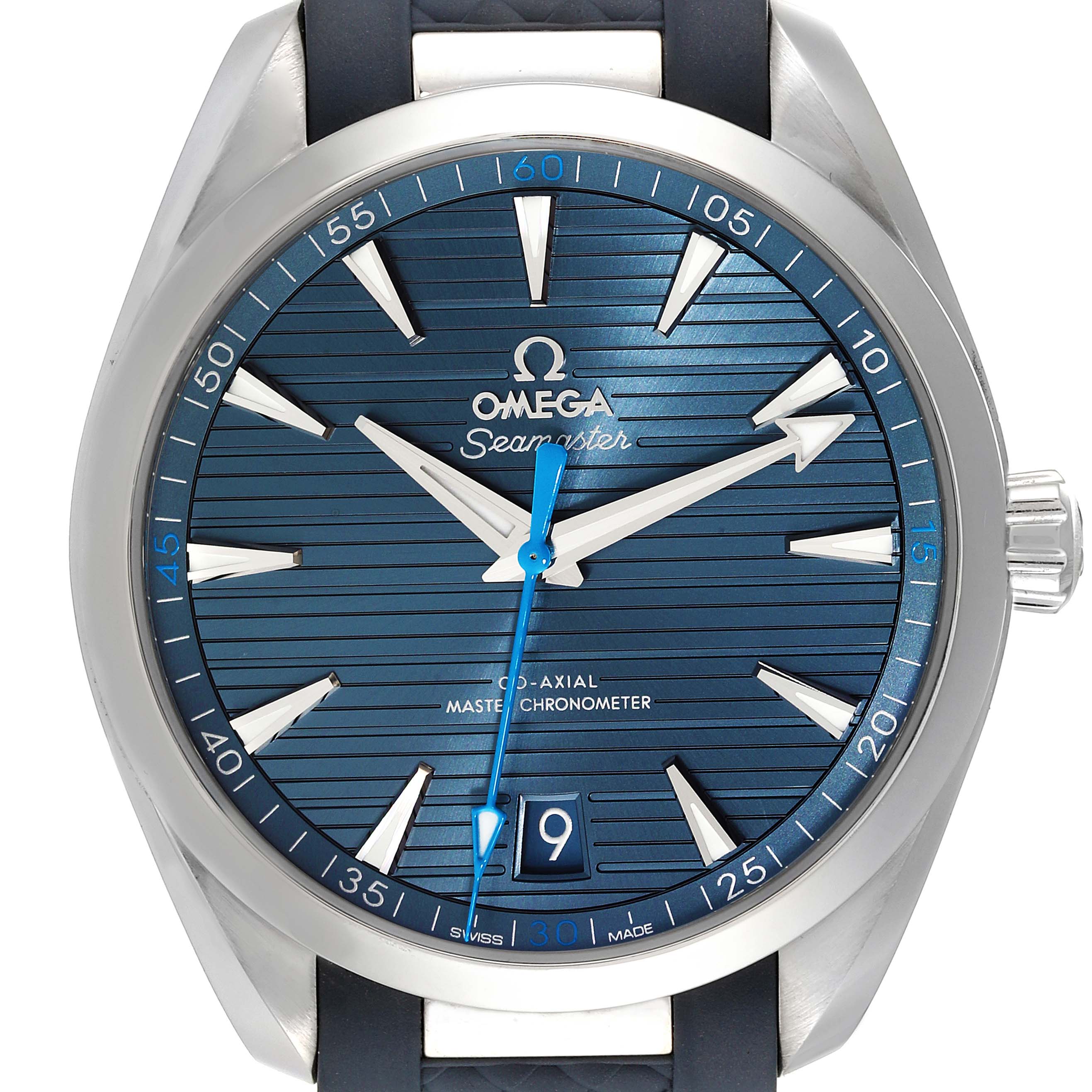 The image shows a front view of the Omega Seamaster Aqua Terra watch, highlighting its blue dial, silver hands, and markers.