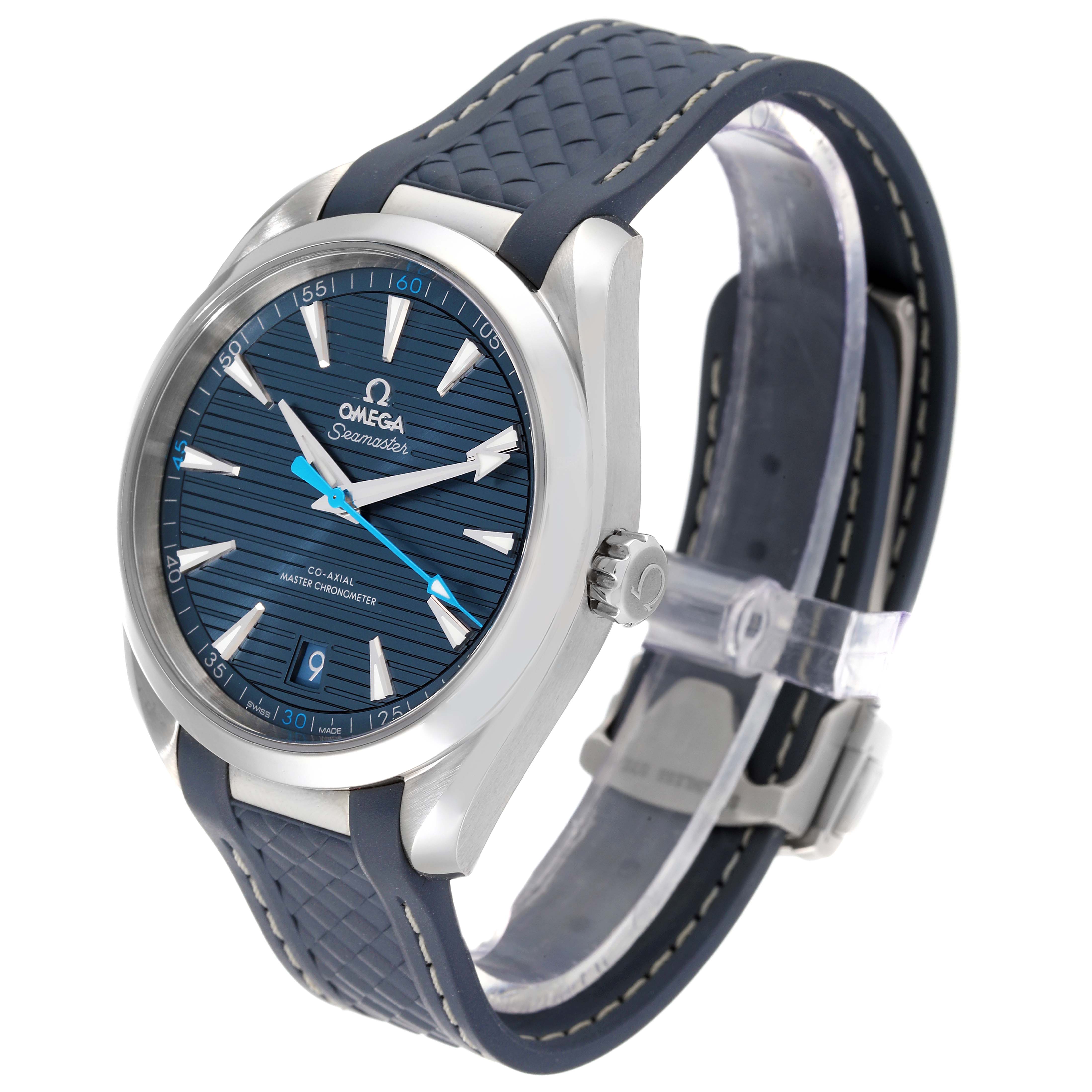 The image shows an Omega Aqua Terra 220.12.41.21.03.002 Men's Stainless Steel Blue Dial 220.12.41.21.03.002 Men's Stainless Steel Blue Dial watch at a three-quarter angle, highlighting its blue dial, bezel, and the rubber strap.