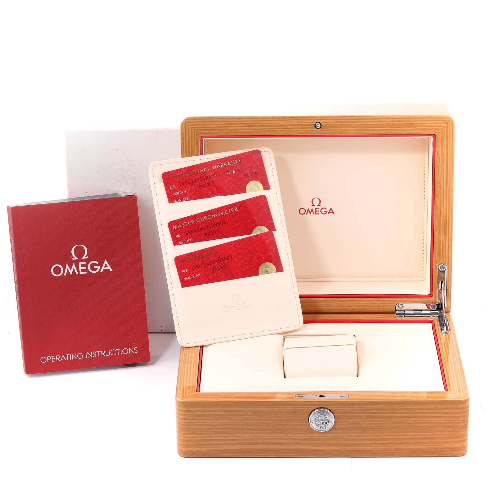 The image shows the packaging, warranty cards, and operating instructions for the Omega Aqua Terra 220.12.41.21.03.002 Men's Stainless Steel Blue Dial 220.12.41.21.03.002 Men's Stainless Steel Blue Dial watch.