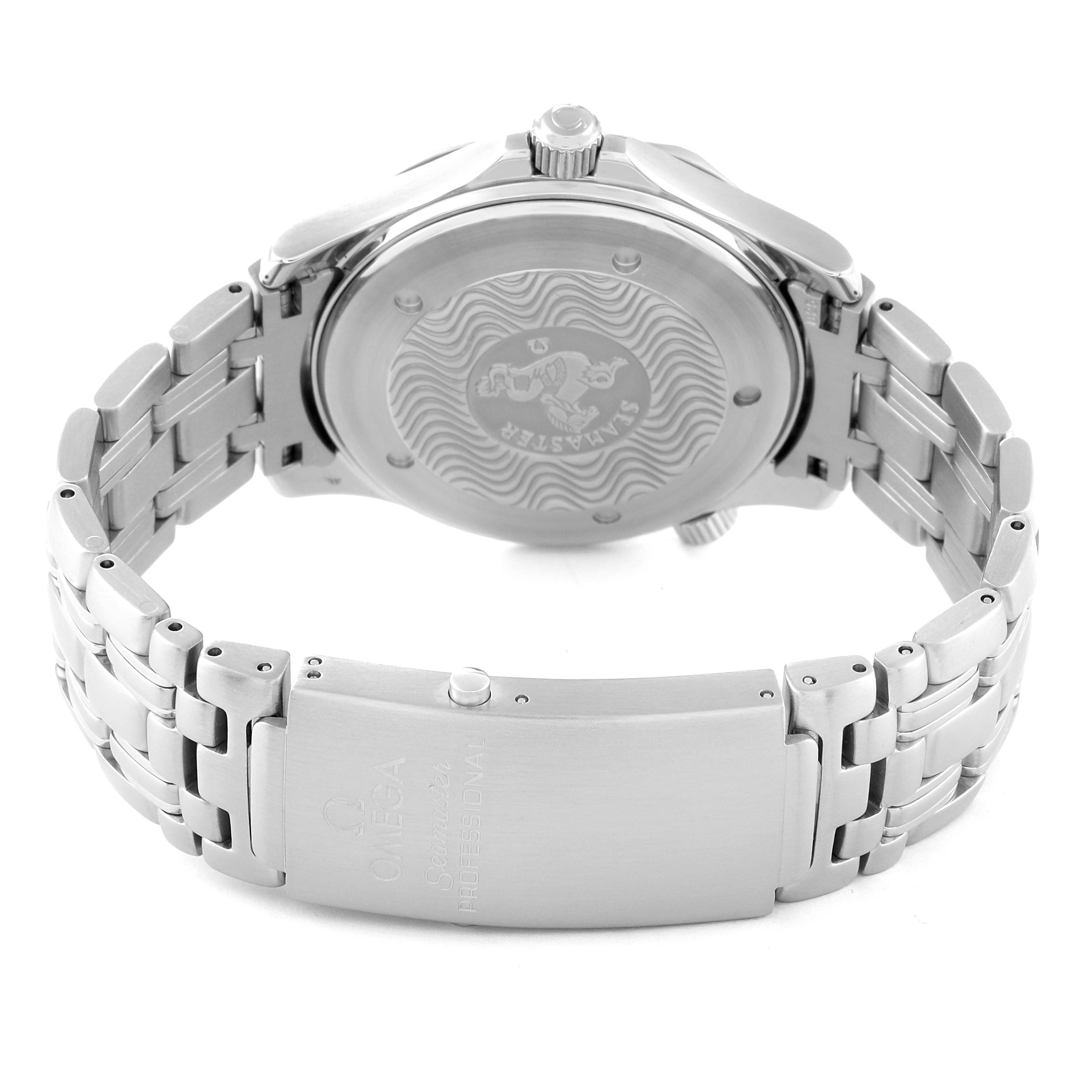 The image shows the back case and bracelet of an Omega Seamaster 2531.80.00 Men
s Stainless Steel Blue Dial 2531.80.00 Men
s Stainless Steel Blue Dial watch, including the clasp and engraved case back.