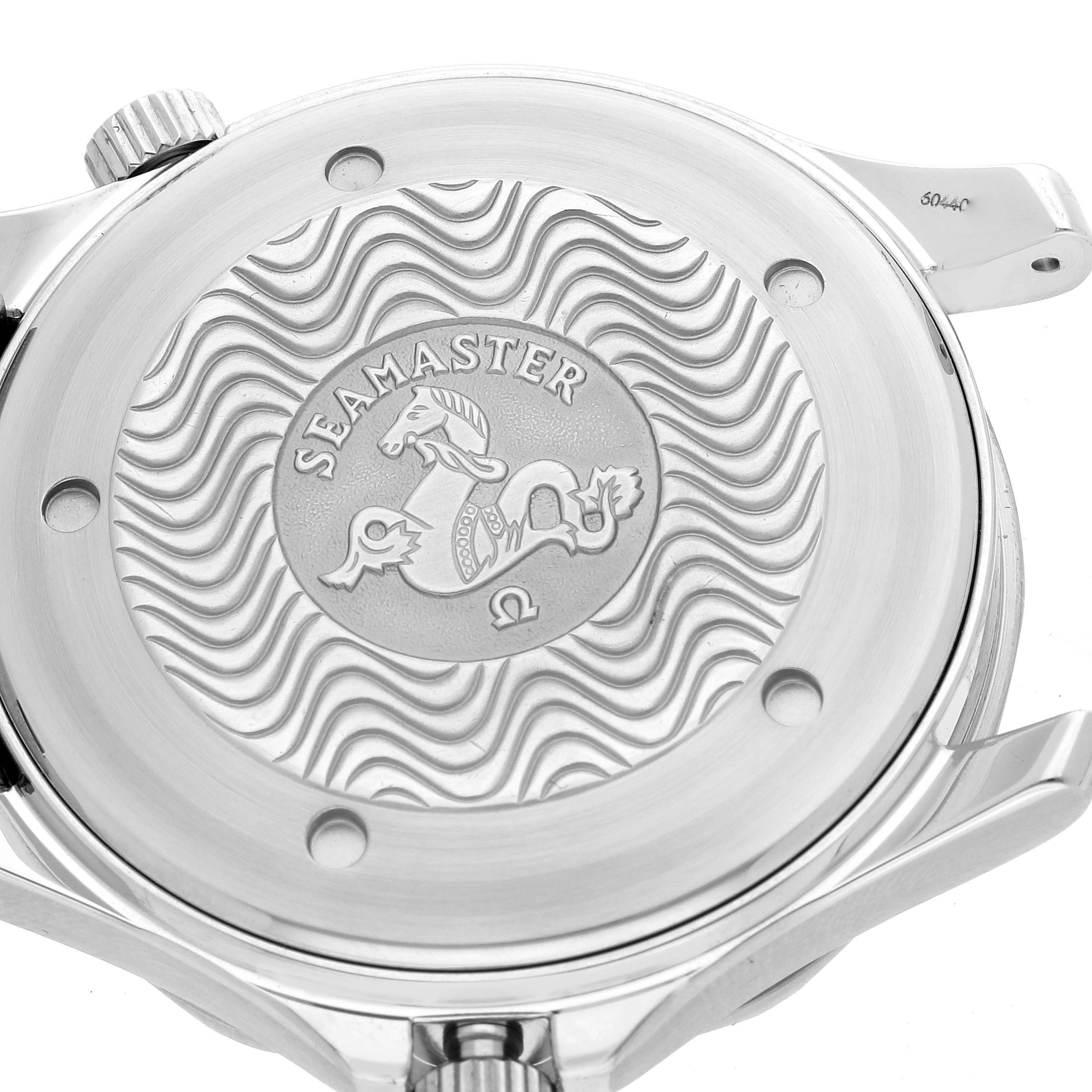 The image shows the case back of an Omega Seamaster 2531.80.00 Men
s Stainless Steel Blue Dial 2531.80.00 Men
s Stainless Steel Blue Dial watch, featuring the logo and wave pattern design.