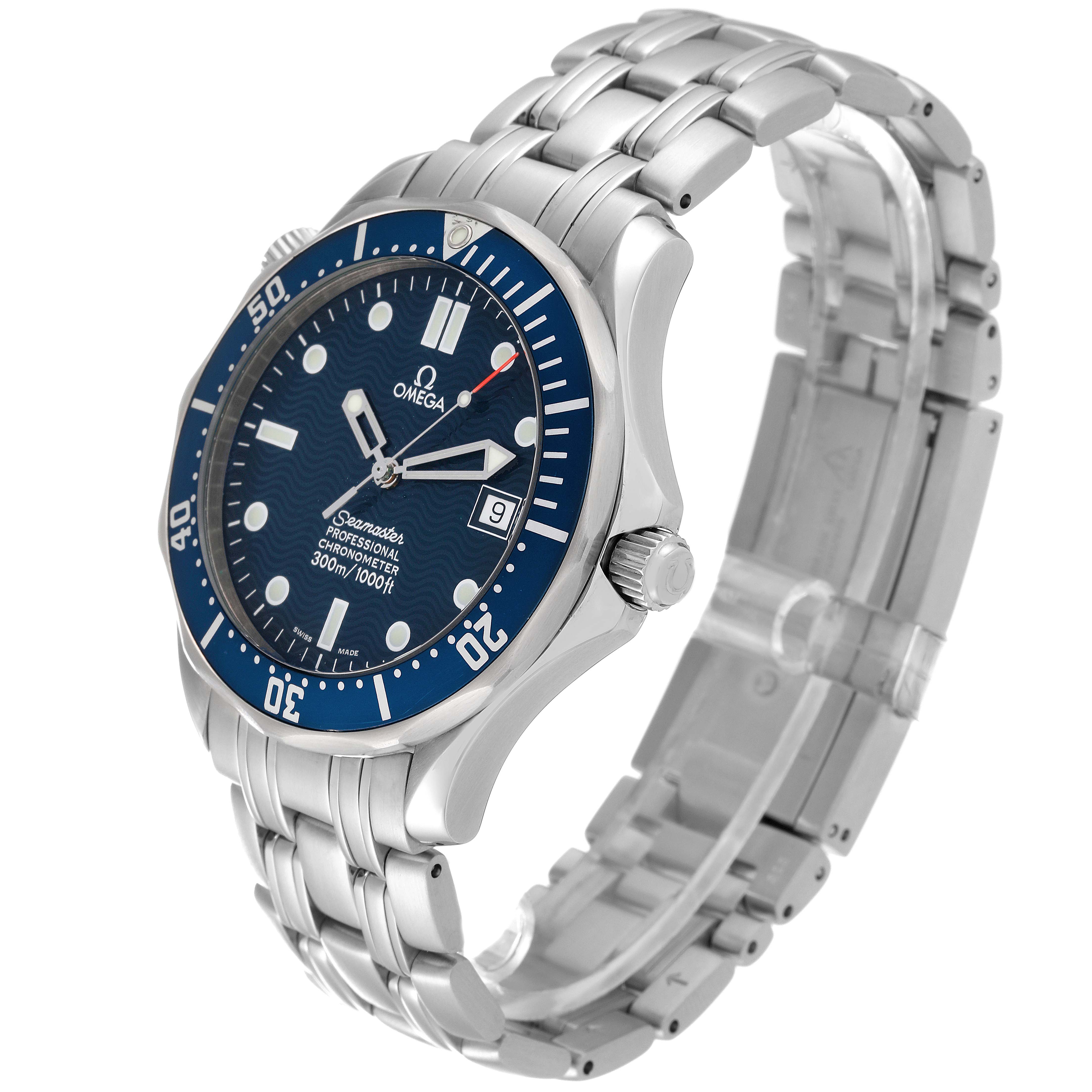 The image shows a side angle of an Omega Seamaster 2531.80.00 Men
s Stainless Steel Blue Dial 2531.80.00 Men
s Stainless Steel Blue Dial watch, highlighting the blue dial, bezel, and stainless steel bracelet.