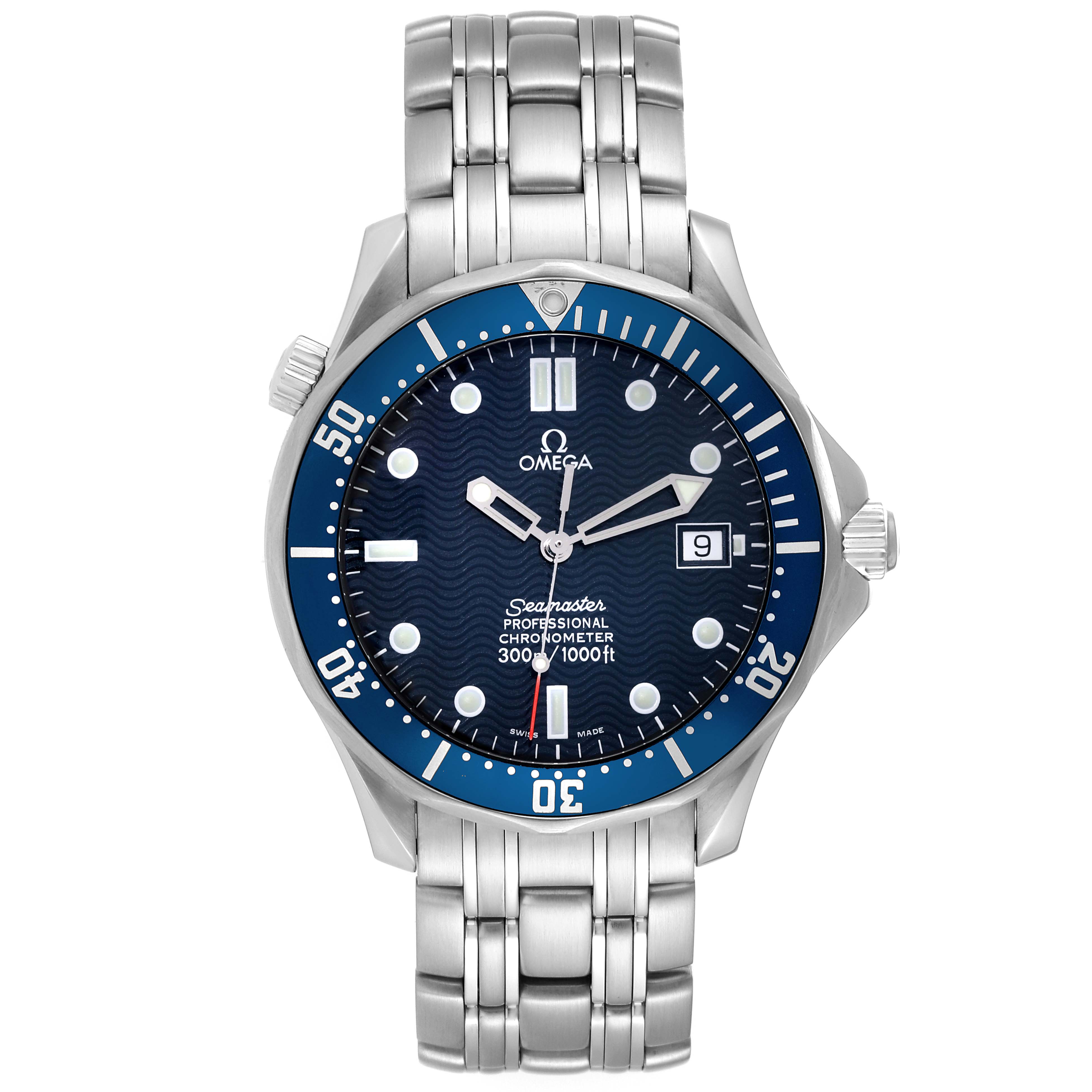 The image shows a front view of an Omega Seamaster 2531.80.00 Men
s Stainless Steel Blue Dial 2531.80.00 Men
s Stainless Steel Blue Dial watch featuring its blue dial, bezel, and metal bracelet.
