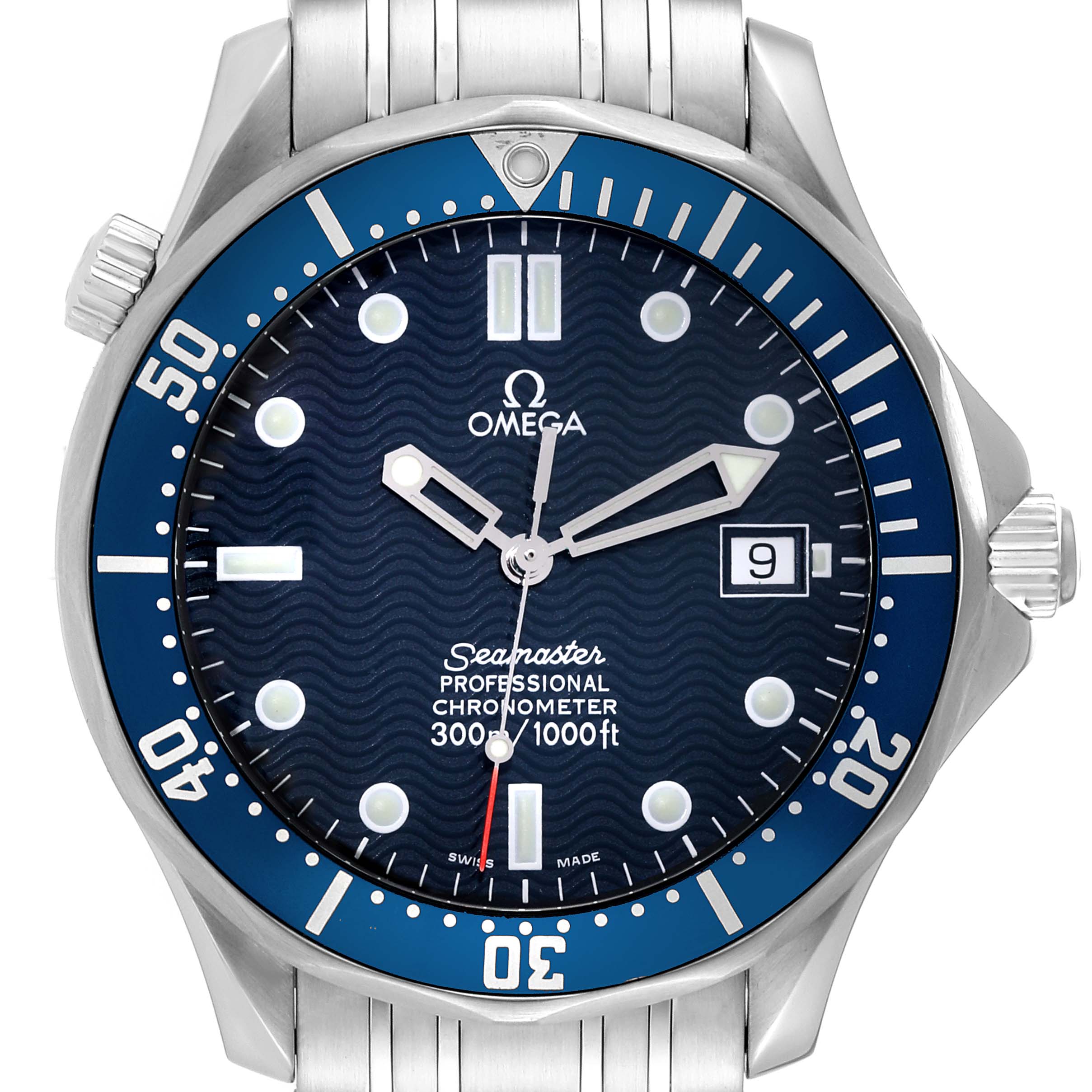 Front view of the Omega Seamaster 2531.80.00 Men
s Stainless Steel Blue Dial 2531.80.00 Men
s Stainless Steel Blue Dial watch, showcasing the dial, bezel, hands, date window, and part of the bracelet.