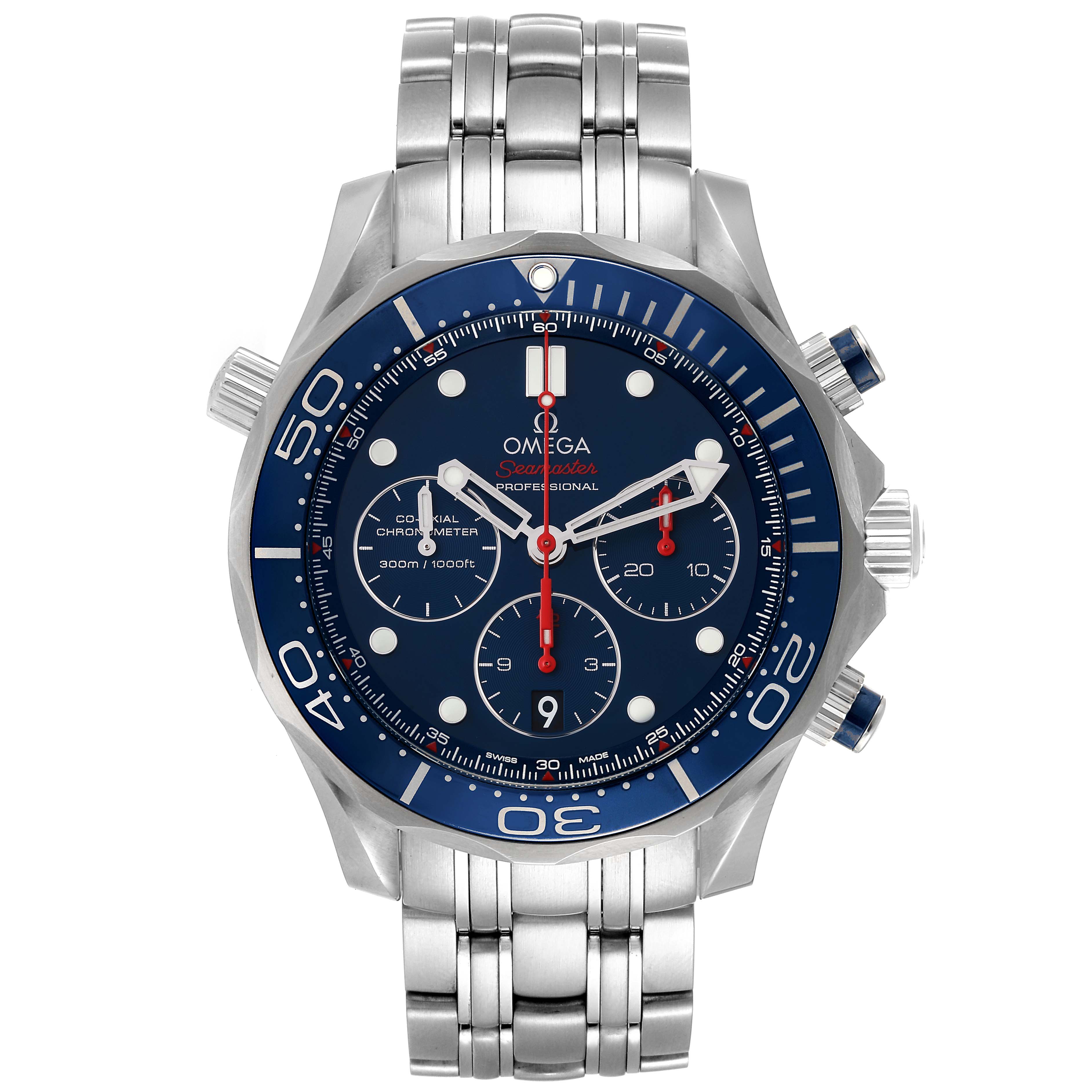 The image shows a front view of an Omega Seamaster 212.30.44.50.03.001 Men's Stainless Steel Blue Dial 212.30.44.50.03.001 Men's Stainless Steel Blue Dial watch, highlighting the face, bezel, and stainless steel bracelet.