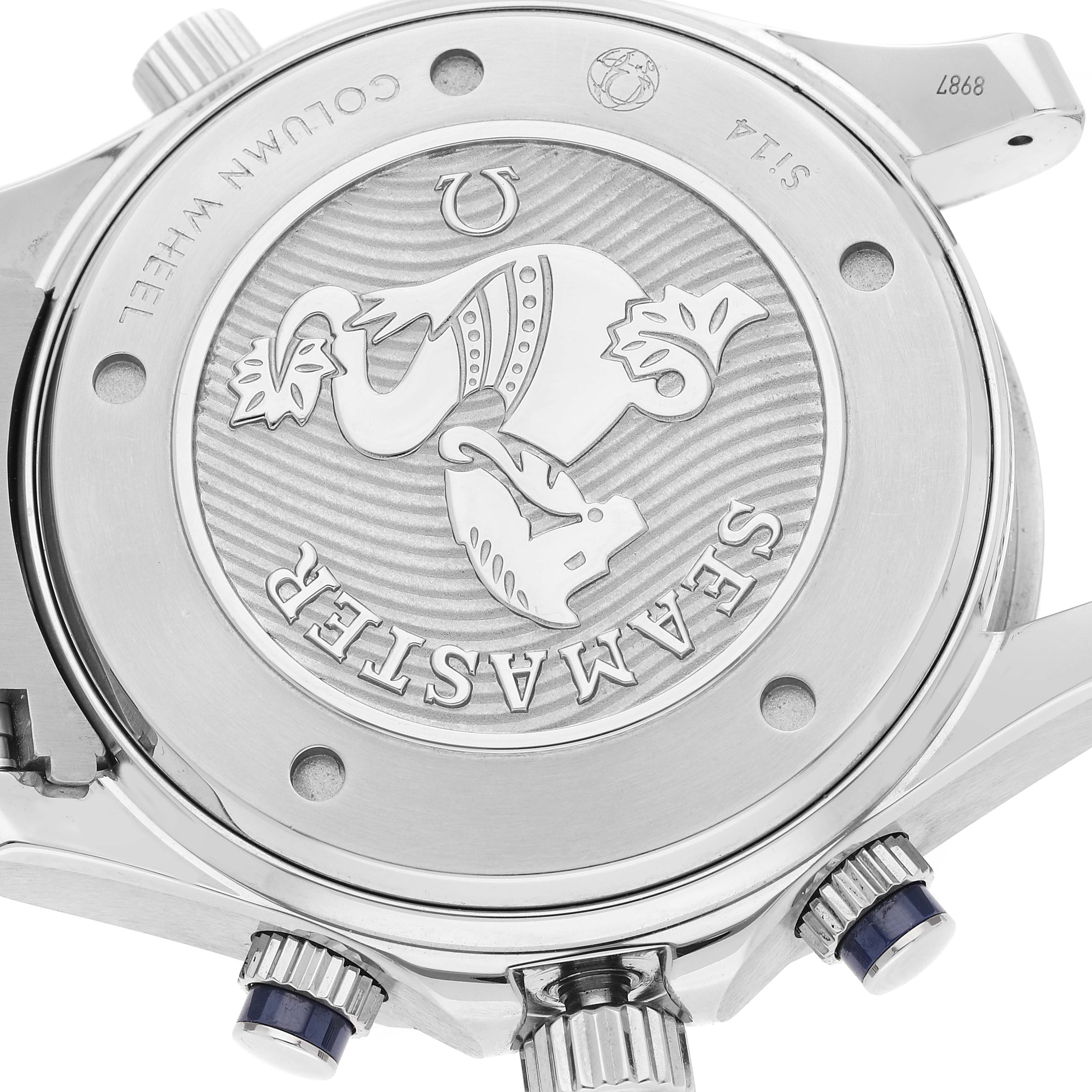 This image shows the back case and crown of an Omega Seamaster 212.30.44.50.03.001 Men's Stainless Steel Blue Dial 212.30.44.50.03.001 Men's Stainless Steel Blue Dial watch, highlighting its intricate design and branding.