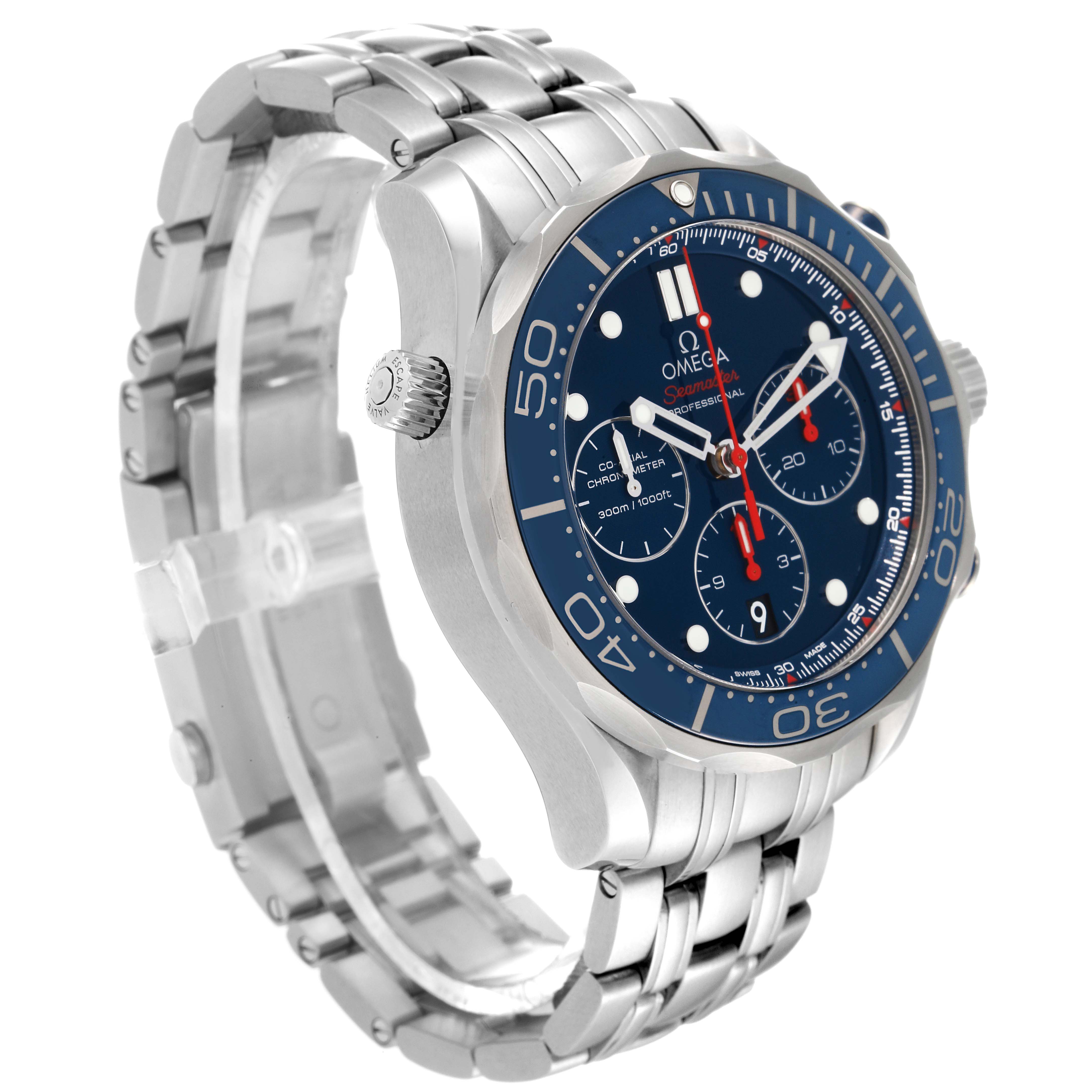 The image shows an angled side view of the Omega Seamaster 212.30.44.50.03.001 Men's Stainless Steel Blue Dial 212.30.44.50.03.001 Men's Stainless Steel Blue Dial watch, revealing its face, bezel, crown, and metal bracelet.