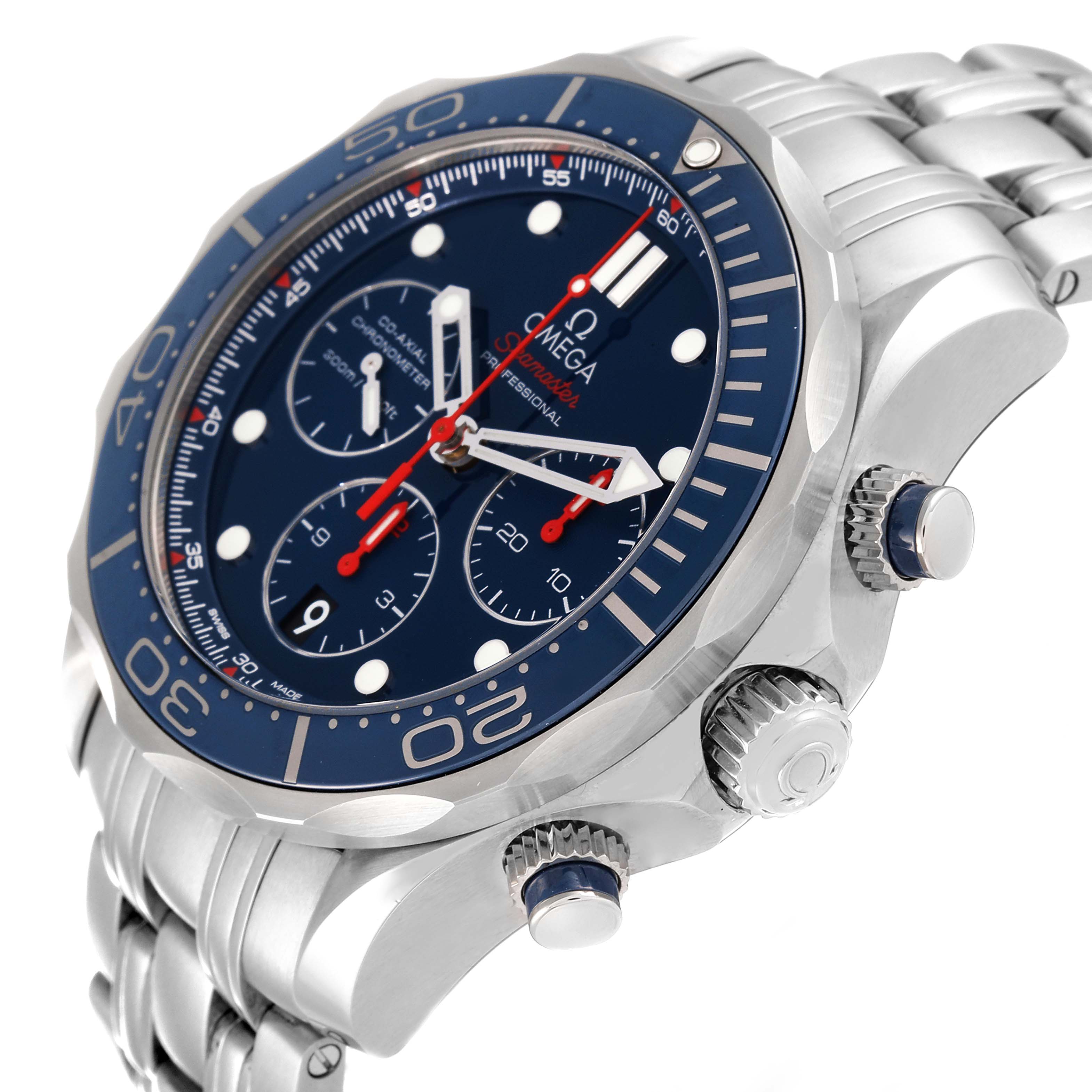 The image shows an angled view of the Omega Seamaster 212.30.44.50.03.001 Men's Stainless Steel Blue Dial 212.30.44.50.03.001 Men's Stainless Steel Blue Dial watch, highlighting the bezel, dial, chronograph subdials, and crown.