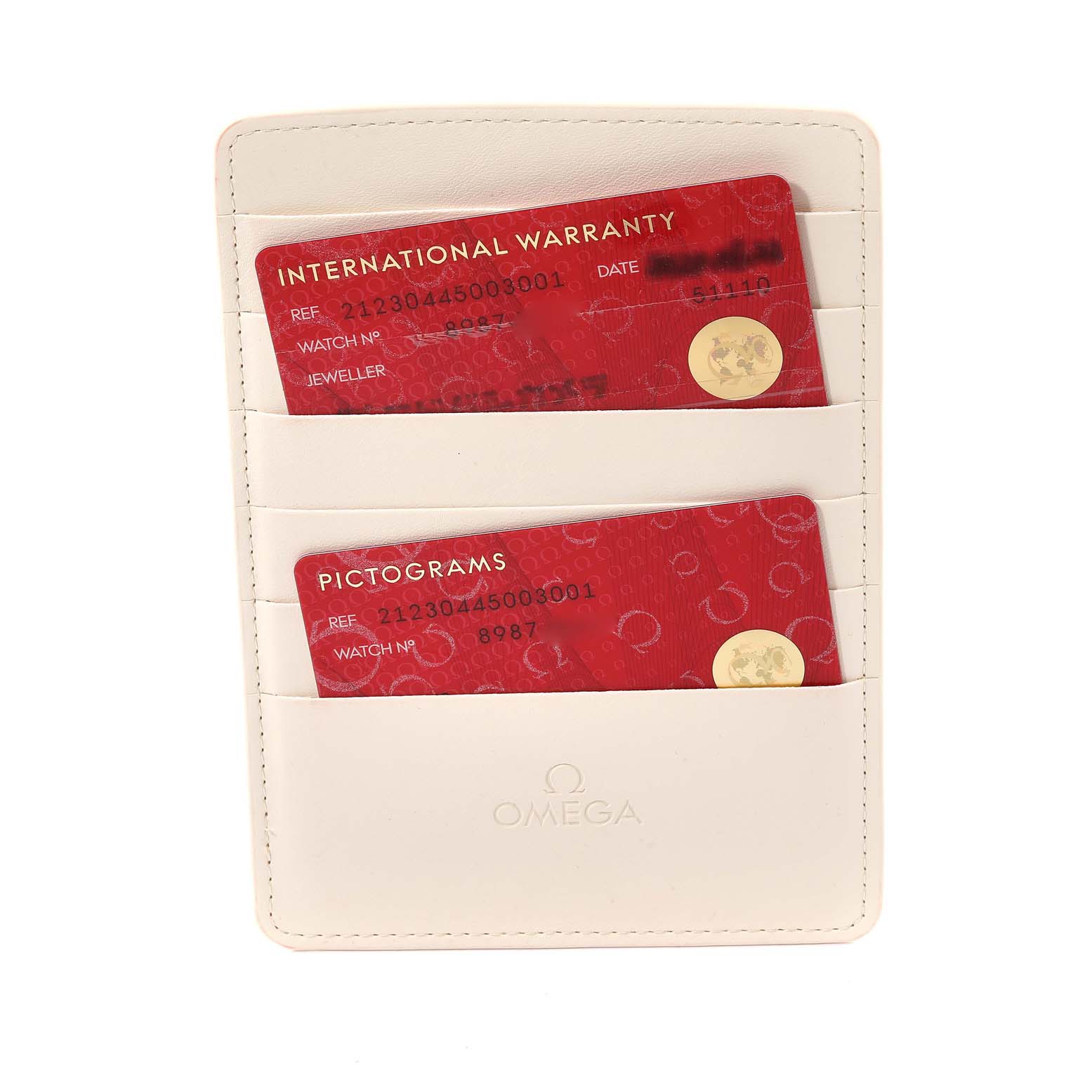 The image shows the warranty and pictogram cards for the Omega Seamaster 212.30.44.50.03.001 Men's Stainless Steel Blue Dial 212.30.44.50.03.001 Men's Stainless Steel Blue Dial model in a white cardholder.