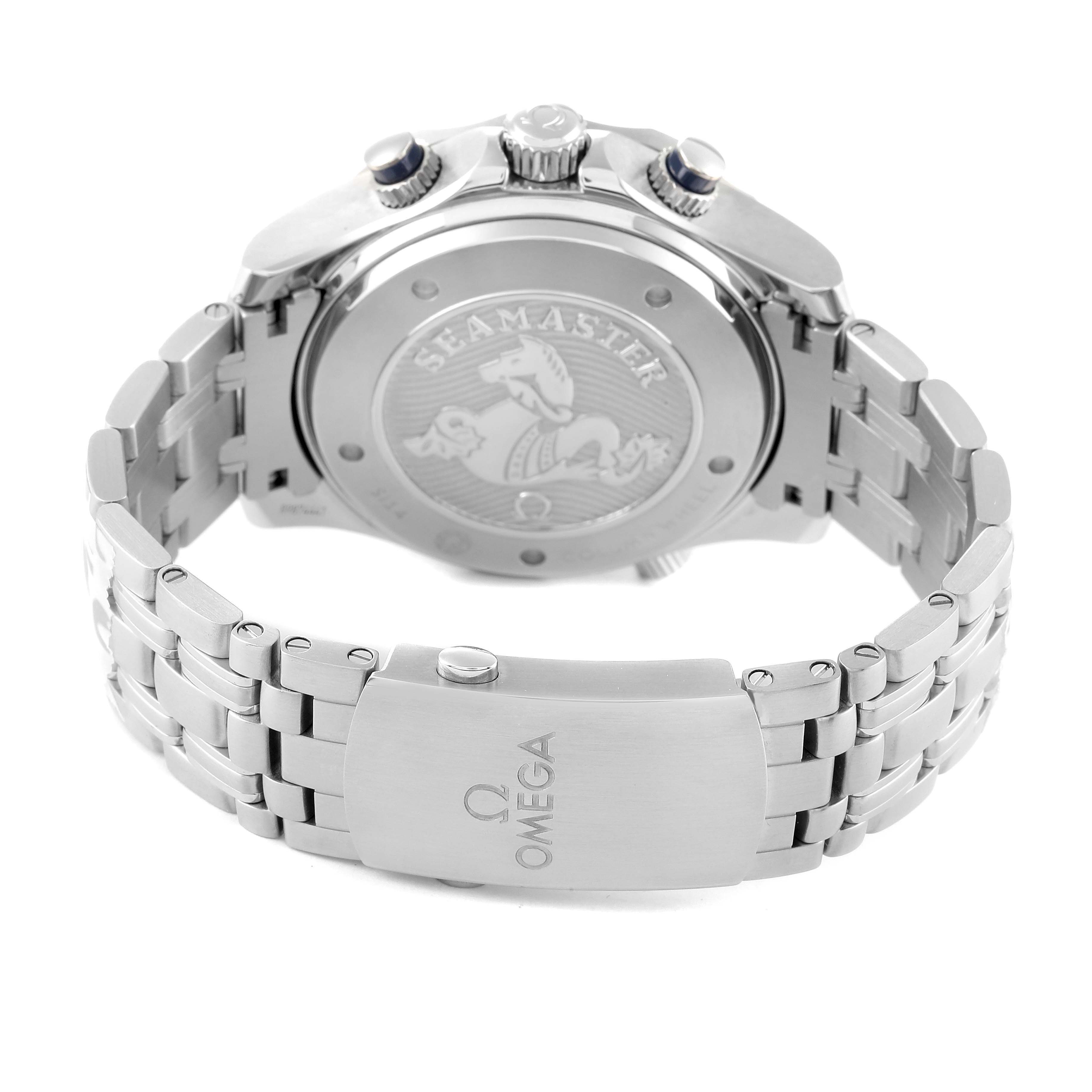 The image shows the back and clasp of an Omega Seamaster 212.30.44.50.03.001 Men's Stainless Steel Blue Dial 212.30.44.50.03.001 Men's Stainless Steel Blue Dial watch, highlighting the case back and steel bracelet.