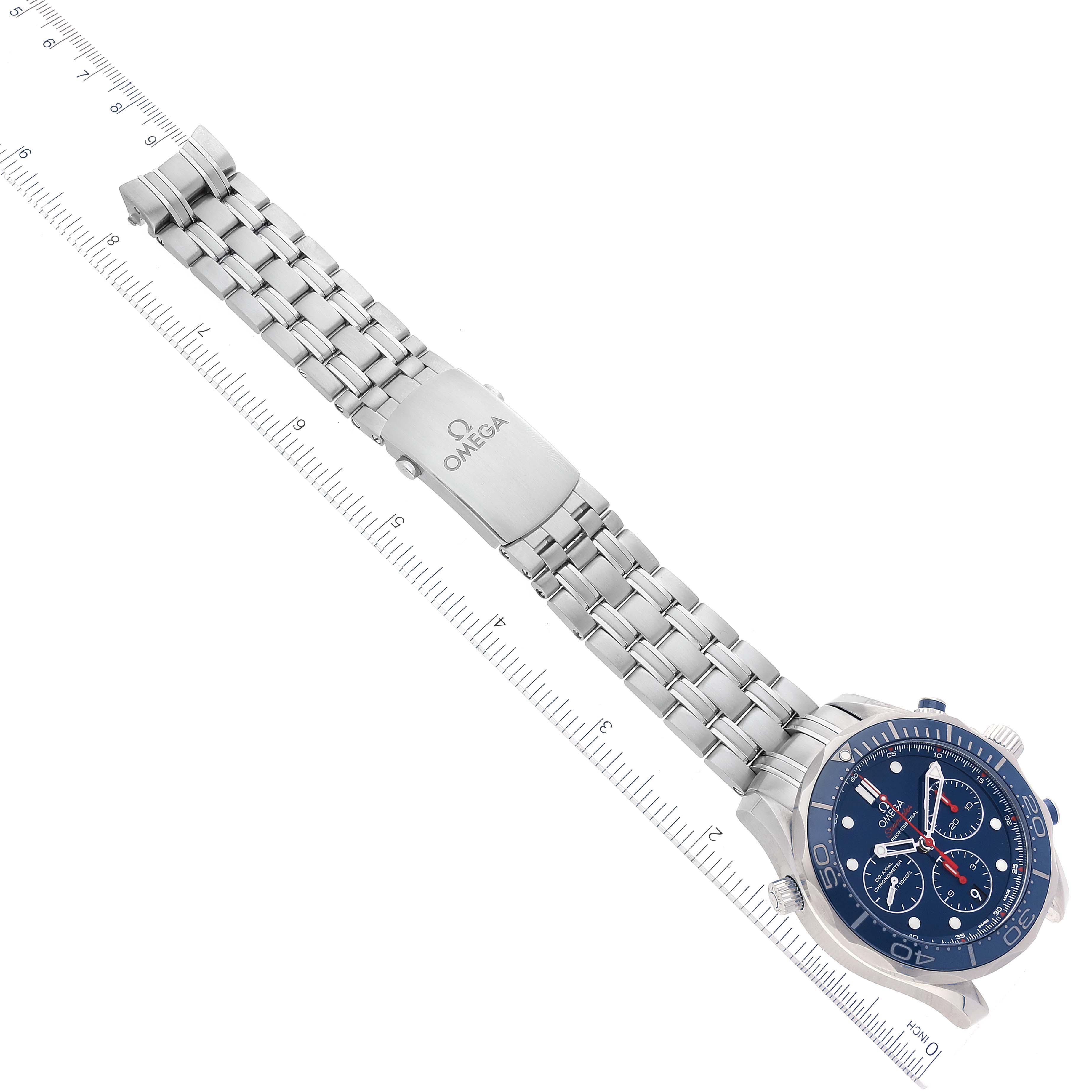 The Omega Seamaster 212.30.44.50.03.001 Men's Stainless Steel Blue Dial 212.30.44.50.03.001 Men's Stainless Steel Blue Dial watch is shown flat with a view of the face, bezel, and full metal bracelet including the clasp.