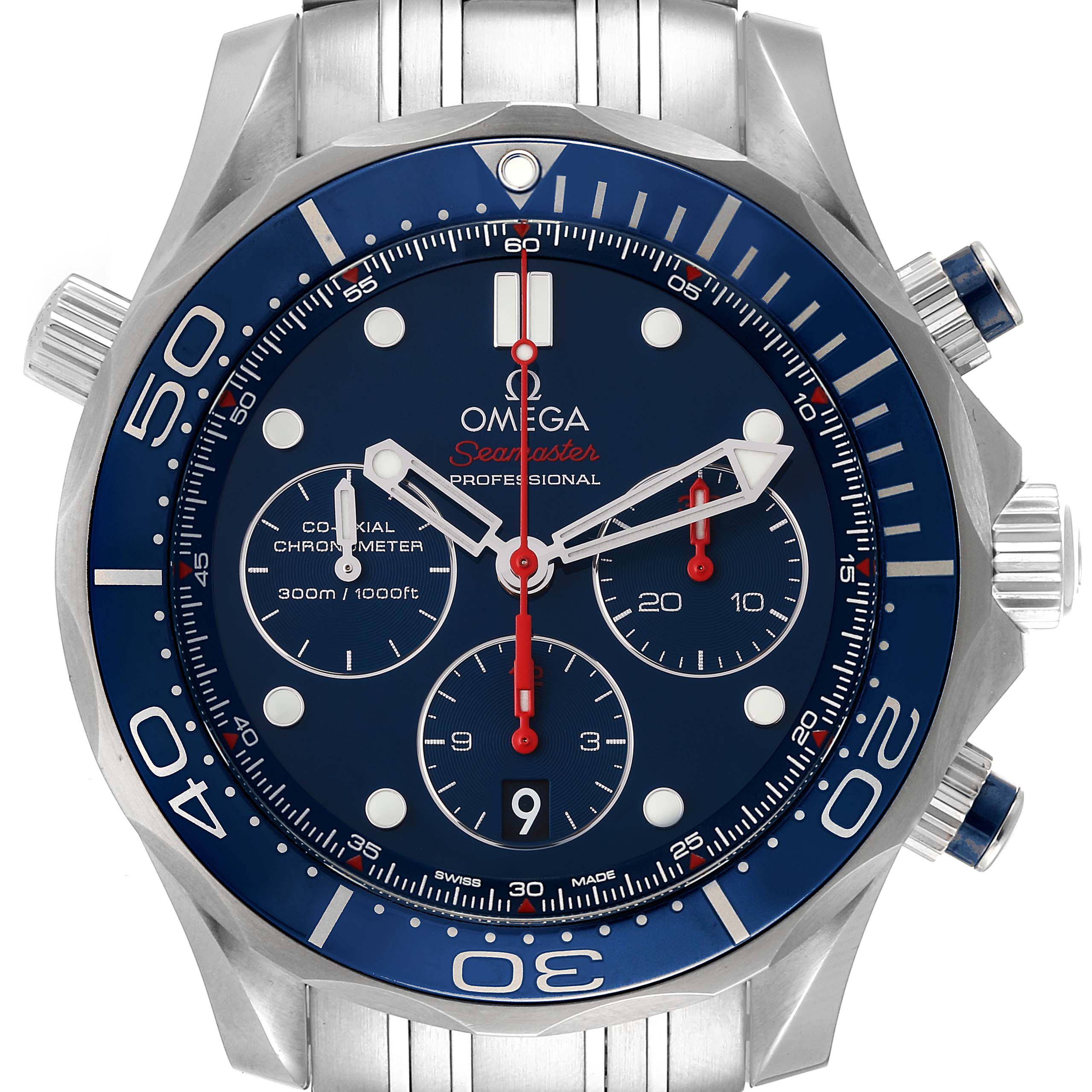 The image shows a front-angle view of an Omega Seamaster 212.30.44.50.03.001 Men's Stainless Steel Blue Dial 212.30.44.50.03.001 Men's Stainless Steel Blue Dial watch, featuring its dial, bezel, and stainless steel bracelet.