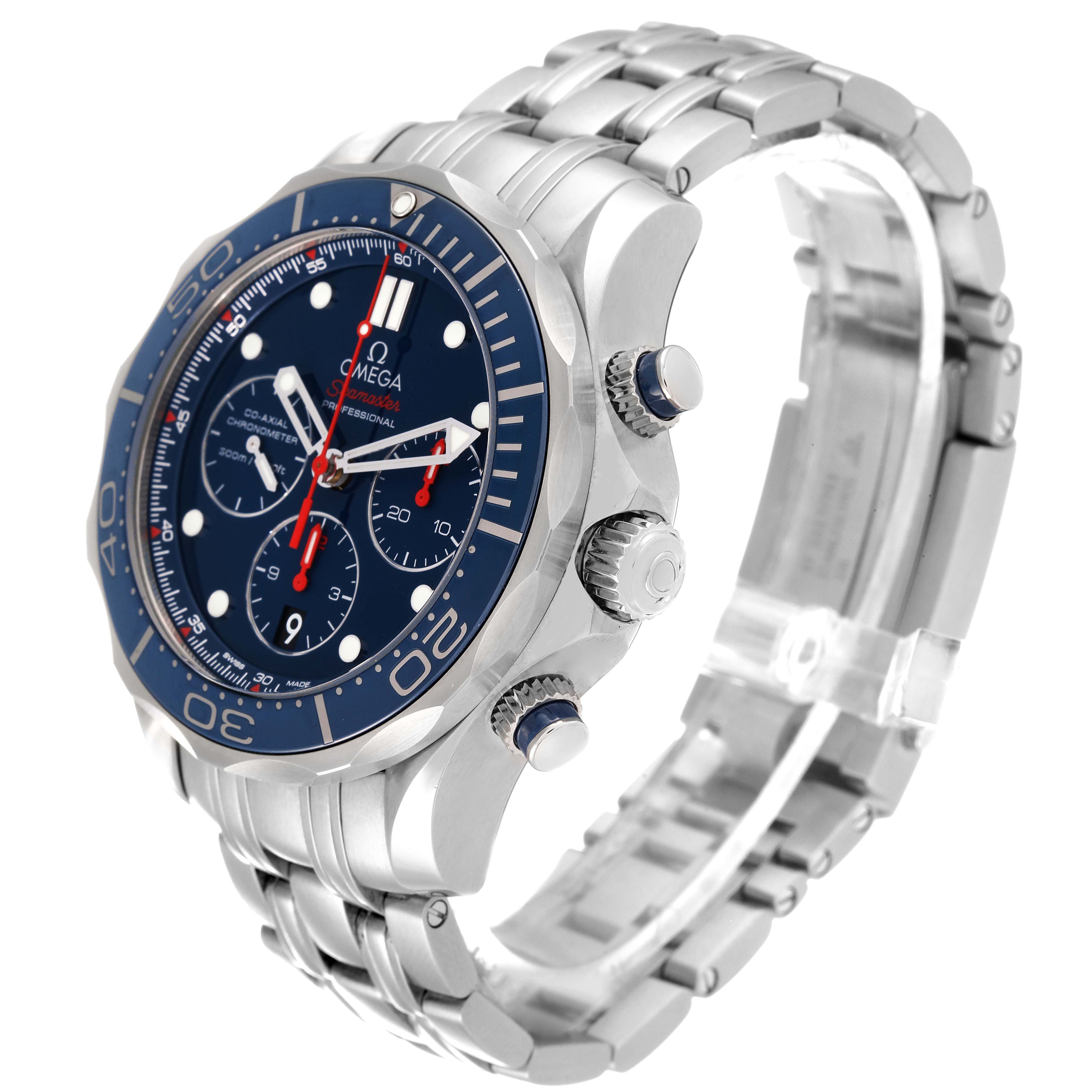 This watch, an Omega Seamaster 212.30.44.50.03.001 Men's Stainless Steel Blue Dial 212.30.44.50.03.001 Men's Stainless Steel Blue Dial model, is shown at a three-quarter angle, highlighting its face, bezel, crown, and stainless steel bracelet.
