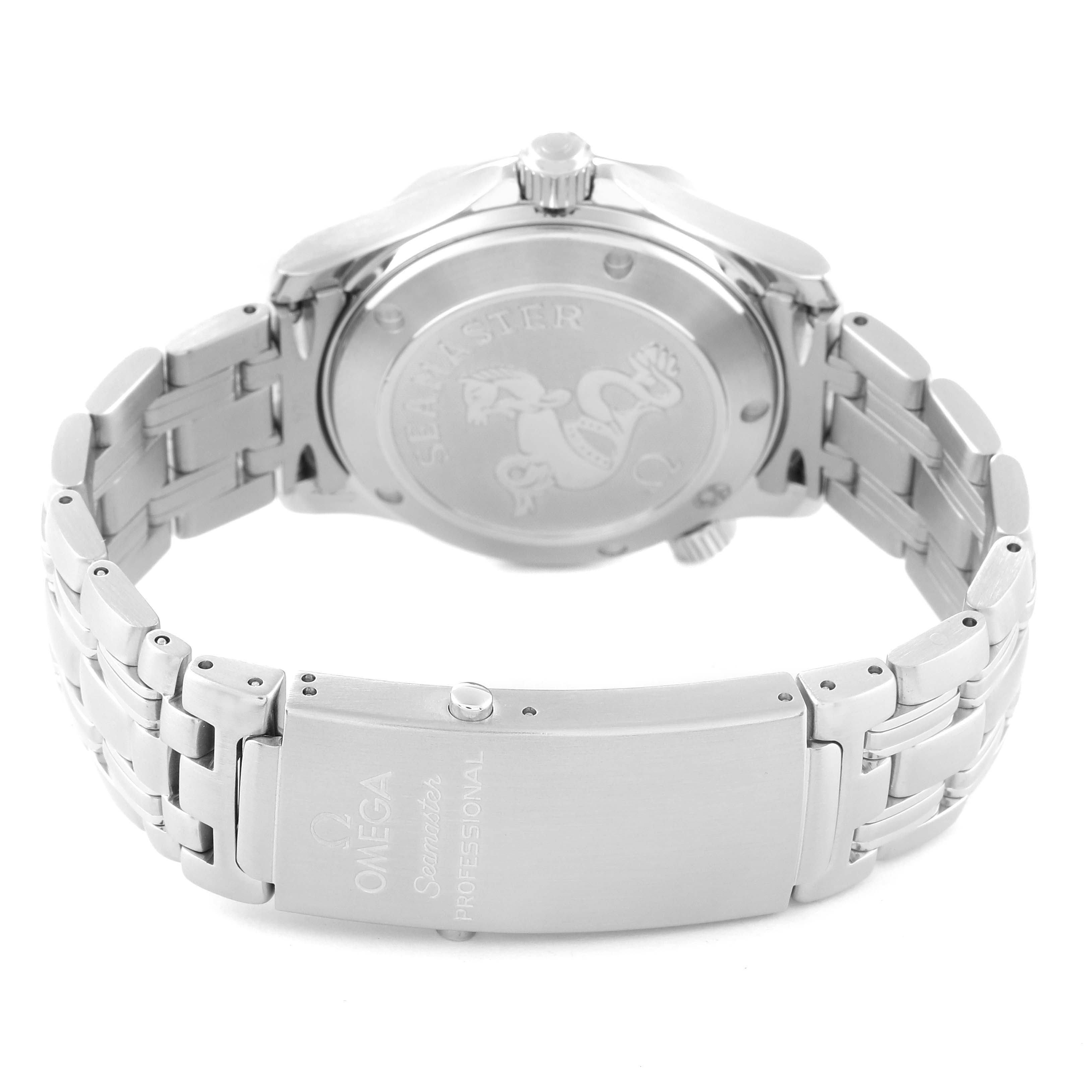 This image shows the back case and closed clasp of the Omega Seamaster 2222.80.00 Men
s Stainless Steel Blue Dial 2222.80.00 Men
s Stainless Steel Blue Dial watch, highlighting the engravings on both.