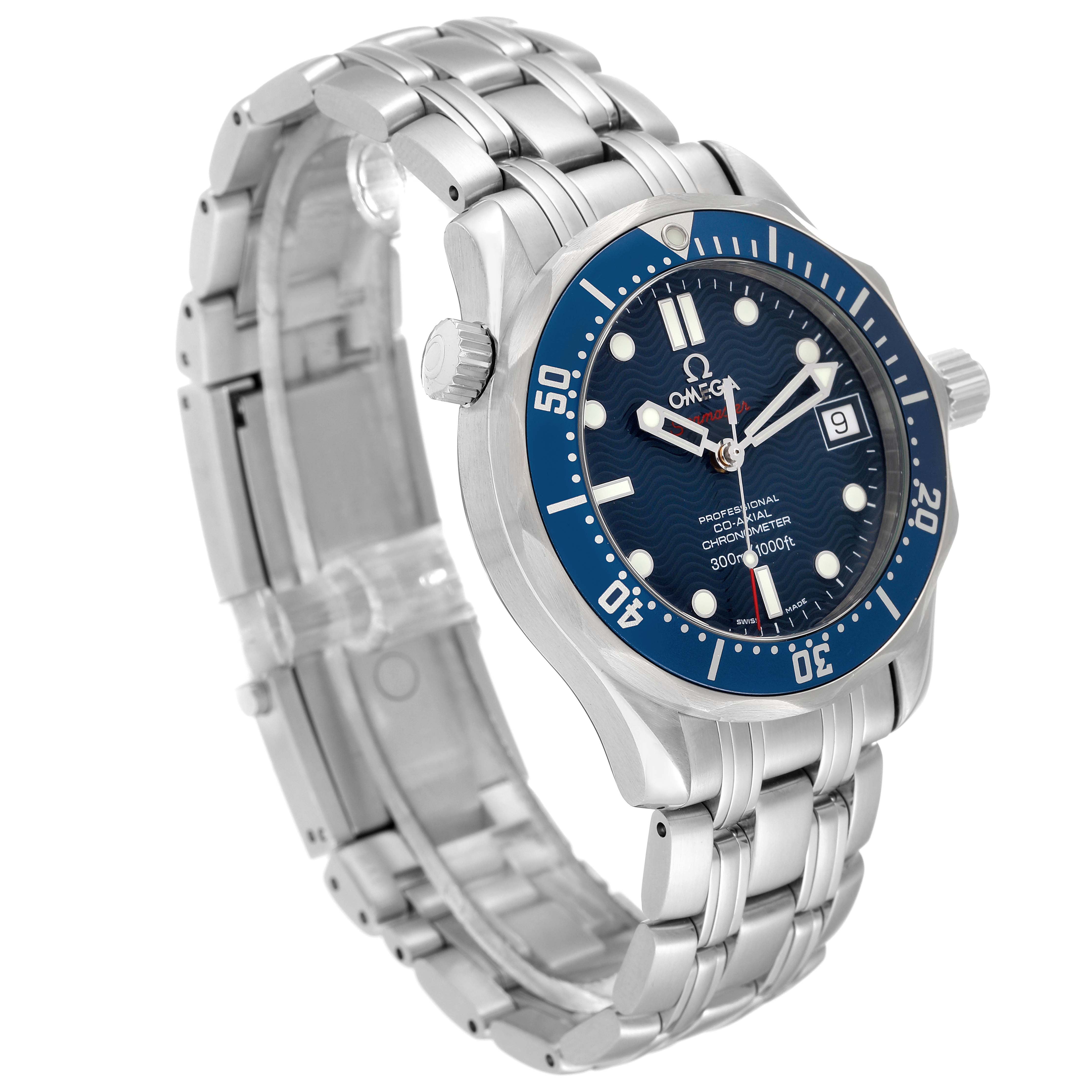 The Omega Seamaster 2222.80.00 Men
s Stainless Steel Blue Dial 2222.80.00 Men
s Stainless Steel Blue Dial watch is shown in a three-quarter angle, displaying the face, bezel, crown, and metal bracelet.
