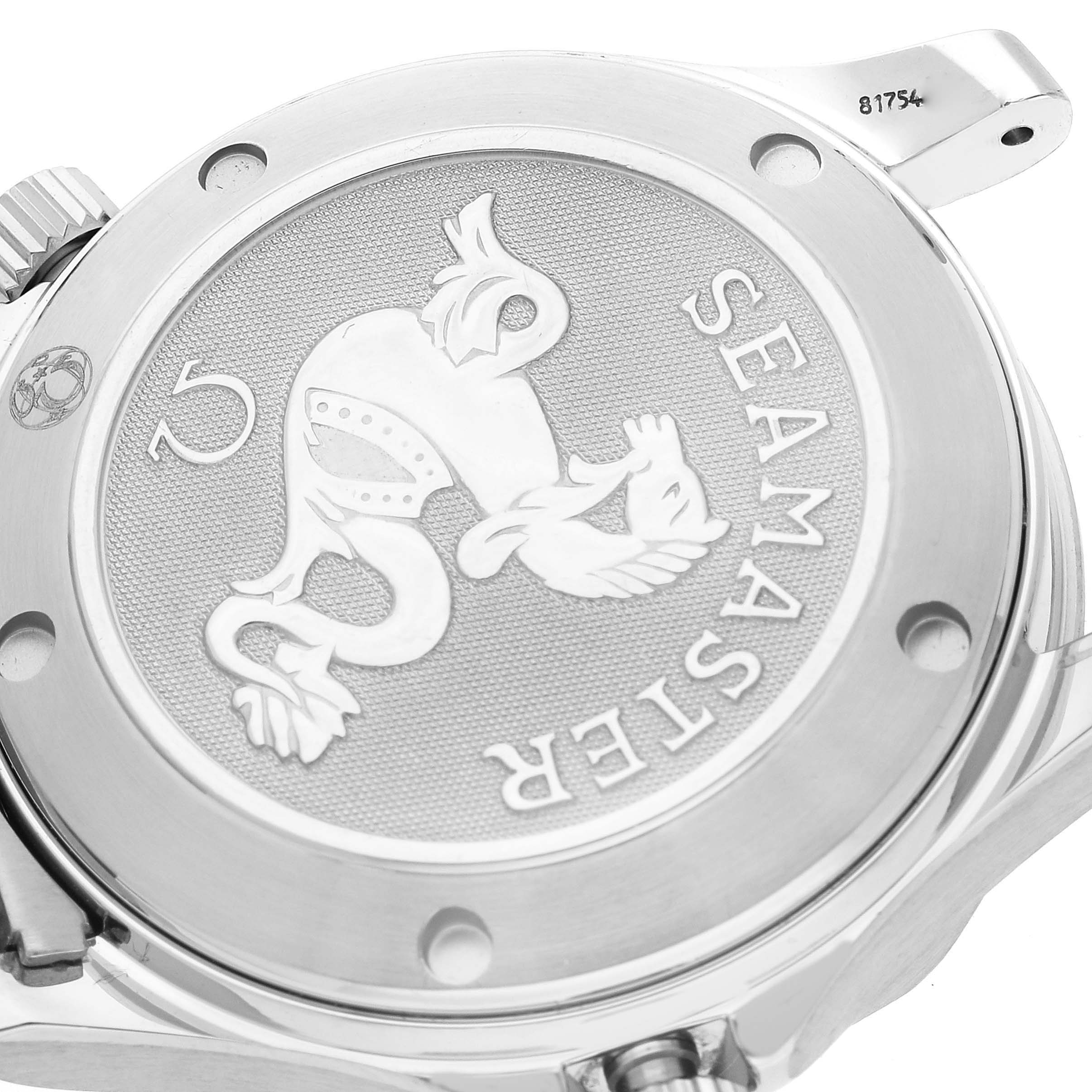 The image shows the case back of the Omega Seamaster 2222.80.00 Men
s Stainless Steel Blue Dial 2222.80.00 Men
s Stainless Steel Blue Dial watch, featuring an engraved logo and text.