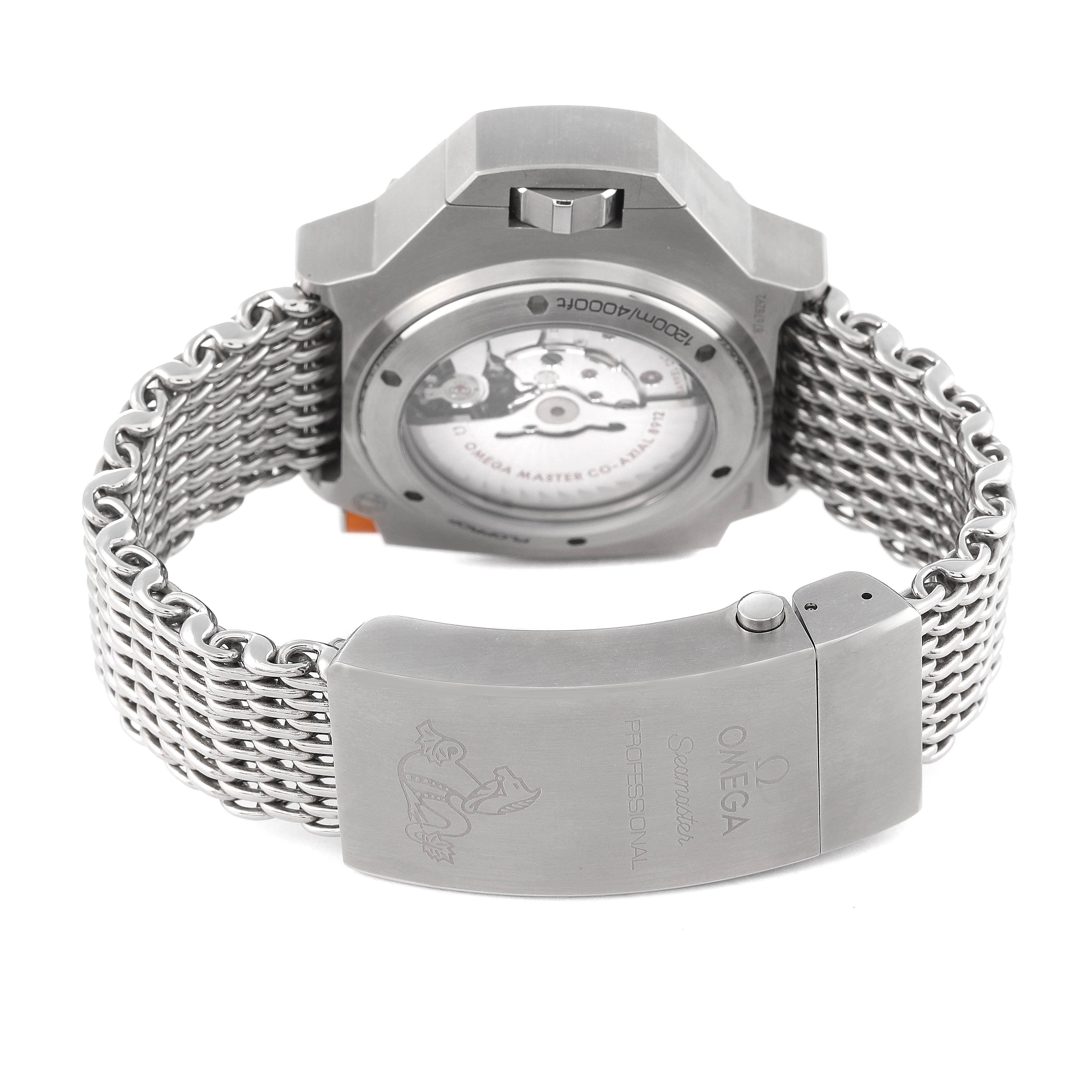 This image shows the back view of the Omega Ploprof 227.90.55.21.99.001 Men's Titanium Grey Dial 227.90.55.21.99.001 Men's Titanium Grey Dial watch, highlighting its case, transparent case back, and metal bracelet.