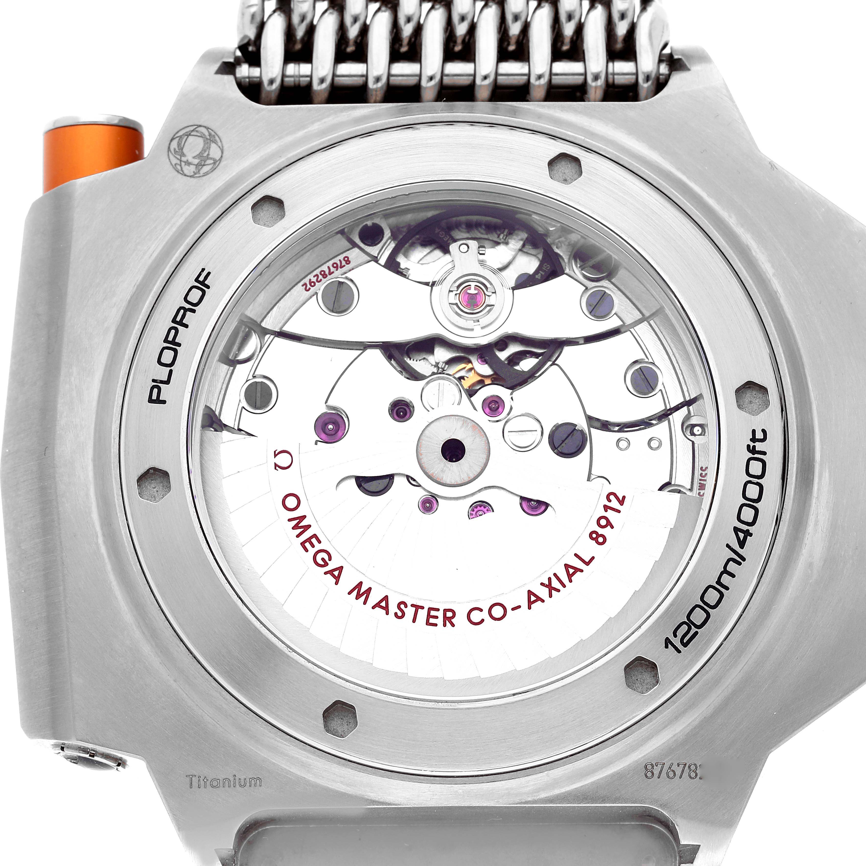 The image shows the back side of the Omega Ploprof 227.90.55.21.99.001 Men's Titanium Grey Dial 227.90.55.21.99.001 Men's Titanium Grey Dial watch, highlighting the movement and case details.