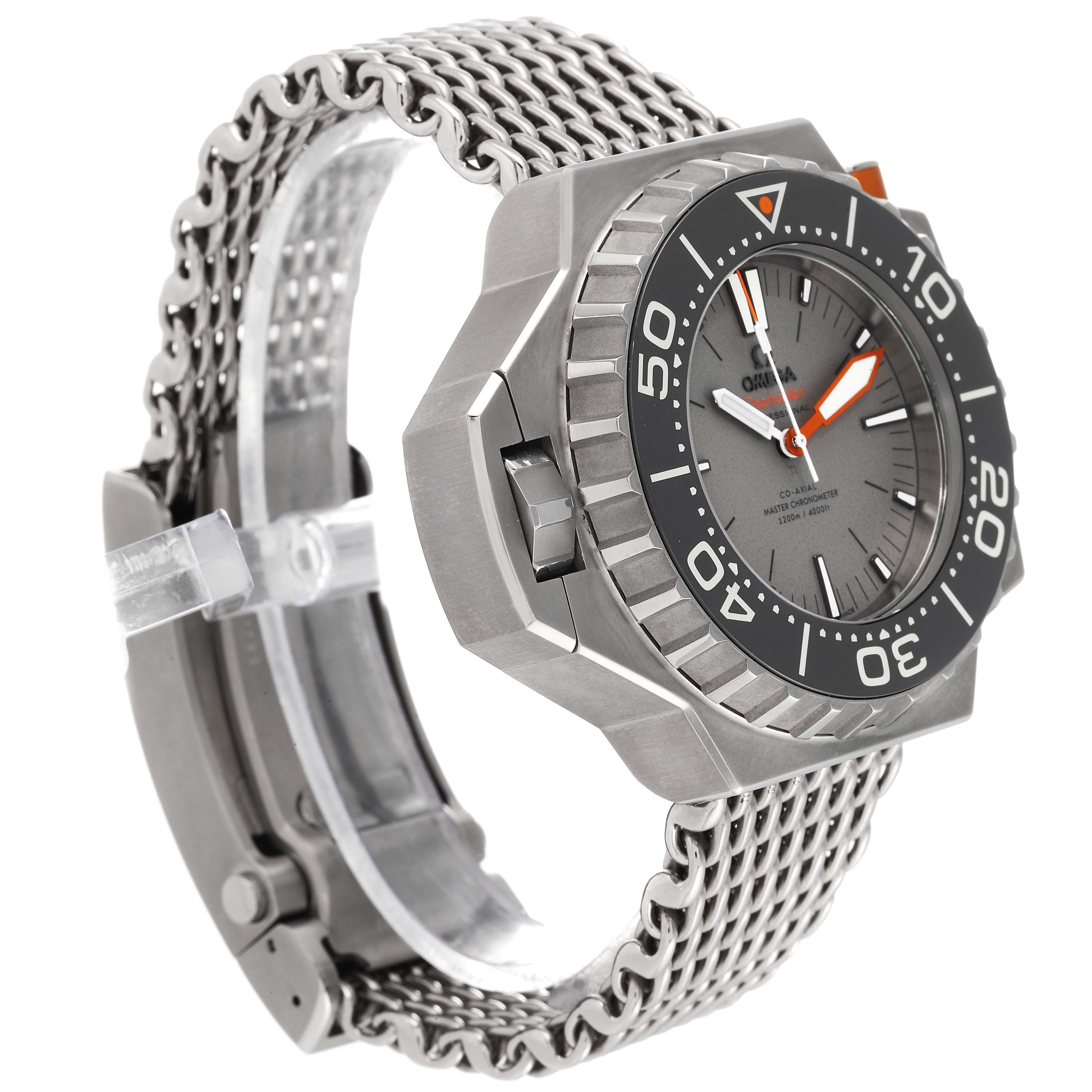 The Omega Ploprof 227.90.55.21.99.001 Men's Titanium Grey Dial 227.90.55.21.99.001 Men's Titanium Grey Dial watch is shown at an angle displaying its face, bezel, case, and metal mesh bracelet.
