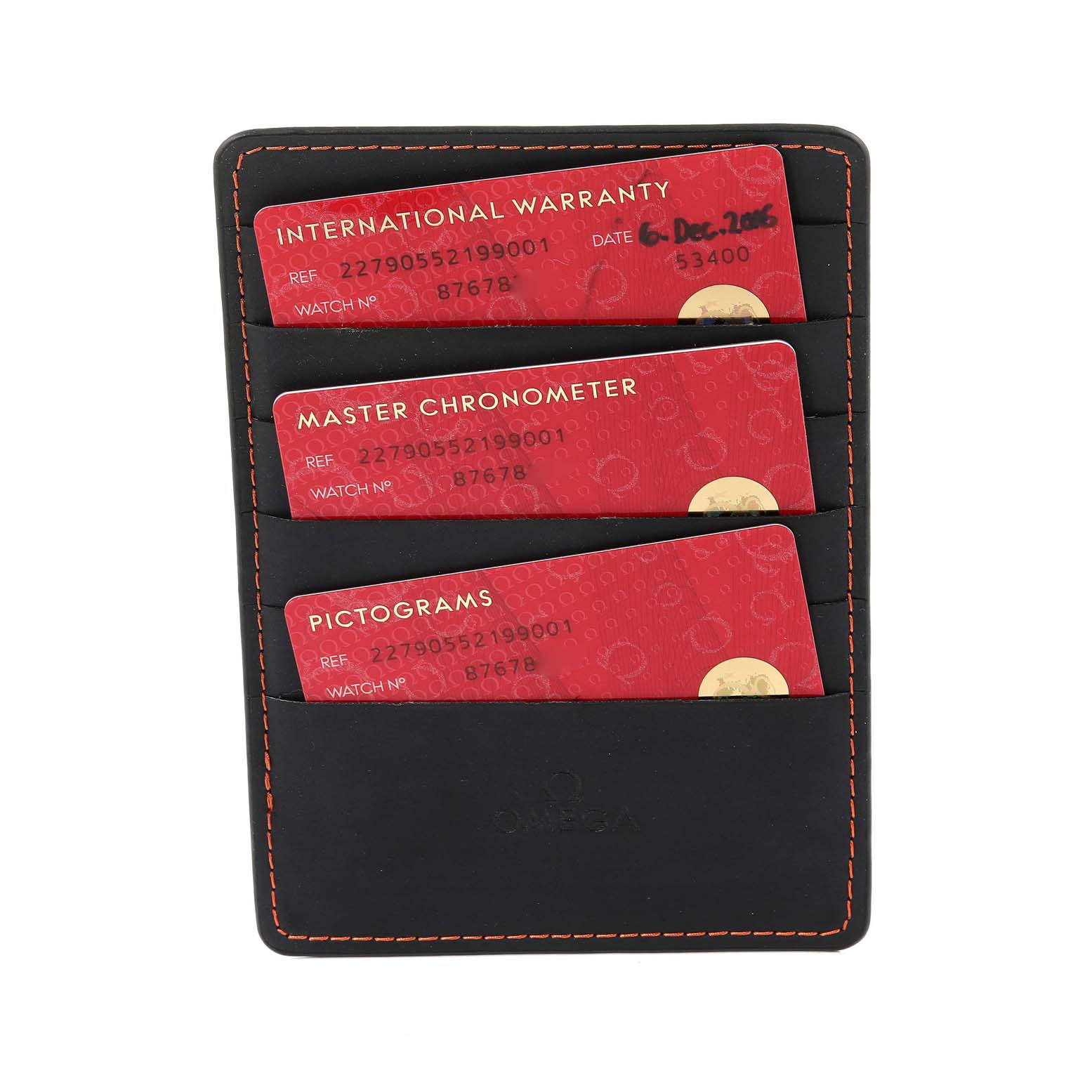 This image shows three warranty and certification cards for the Omega Ploprof 227.90.55.21.99.001 Men's Titanium Grey Dial 227.90.55.21.99.001 Men's Titanium Grey Dial model in a black card holder.