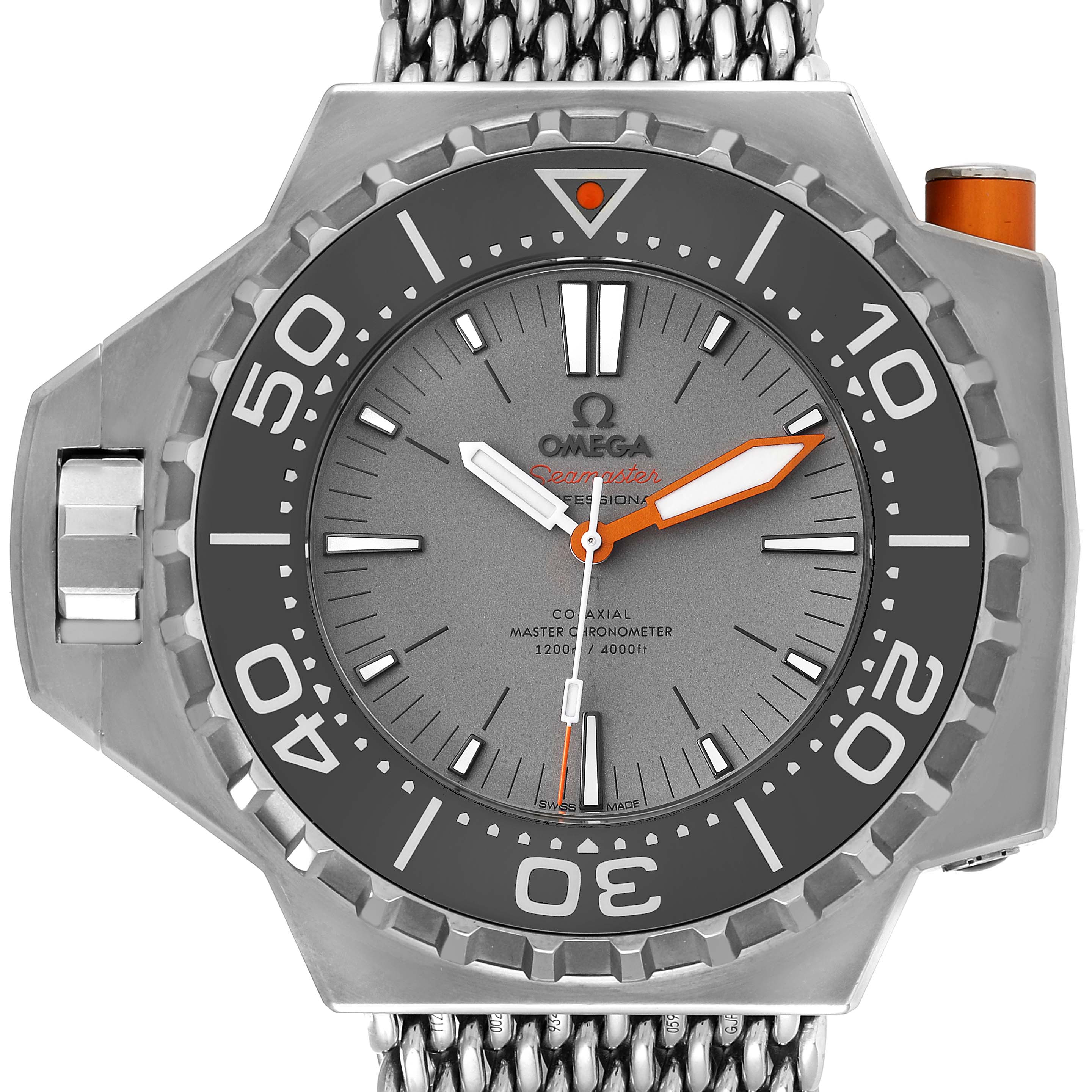 This image shows a front view of the Omega Seamaster Ploprof watch, highlighting its face, bezel, and mesh bracelet.