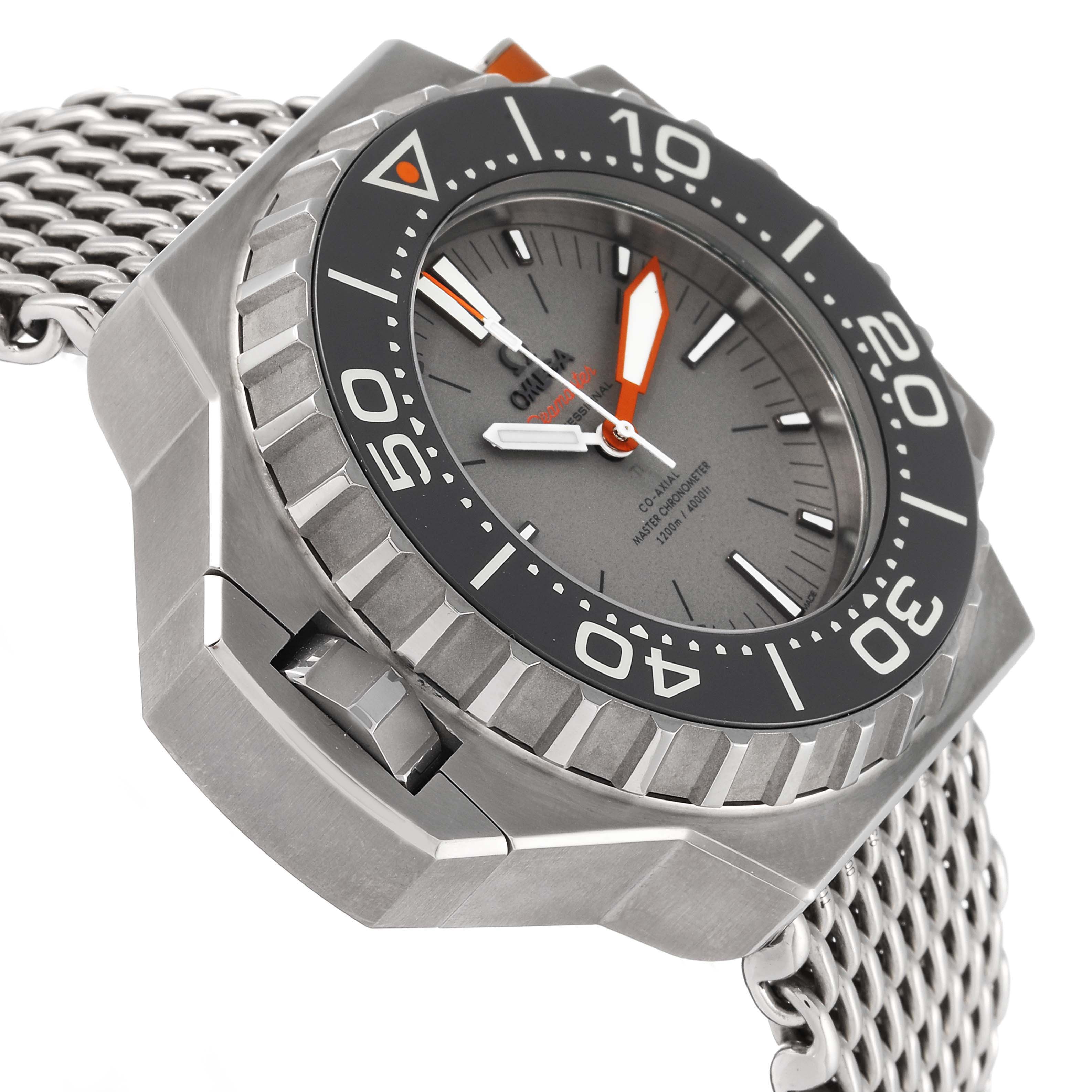 This image shows a side view of the Omega Ploprof 227.90.55.21.99.001 Men's Titanium Grey Dial 227.90.55.21.99.001 Men's Titanium Grey Dial watch, focusing on the bezel, dial, and metal mesh strap.