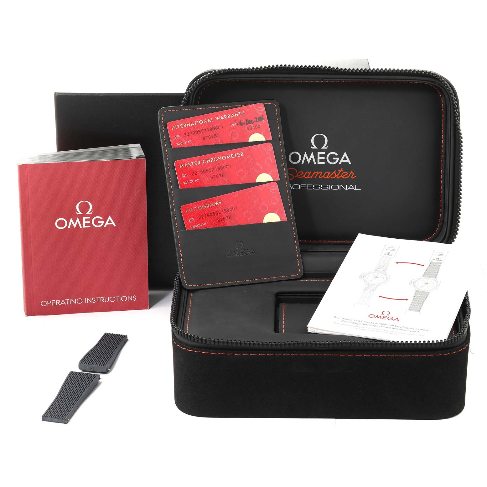 The image shows the Omega Ploprof 227.90.55.21.99.001 Men's Titanium Grey Dial 227.90.55.21.99.001 Men's Titanium Grey Dial watch box, instruction manual, warranty cards, and two watch straps.