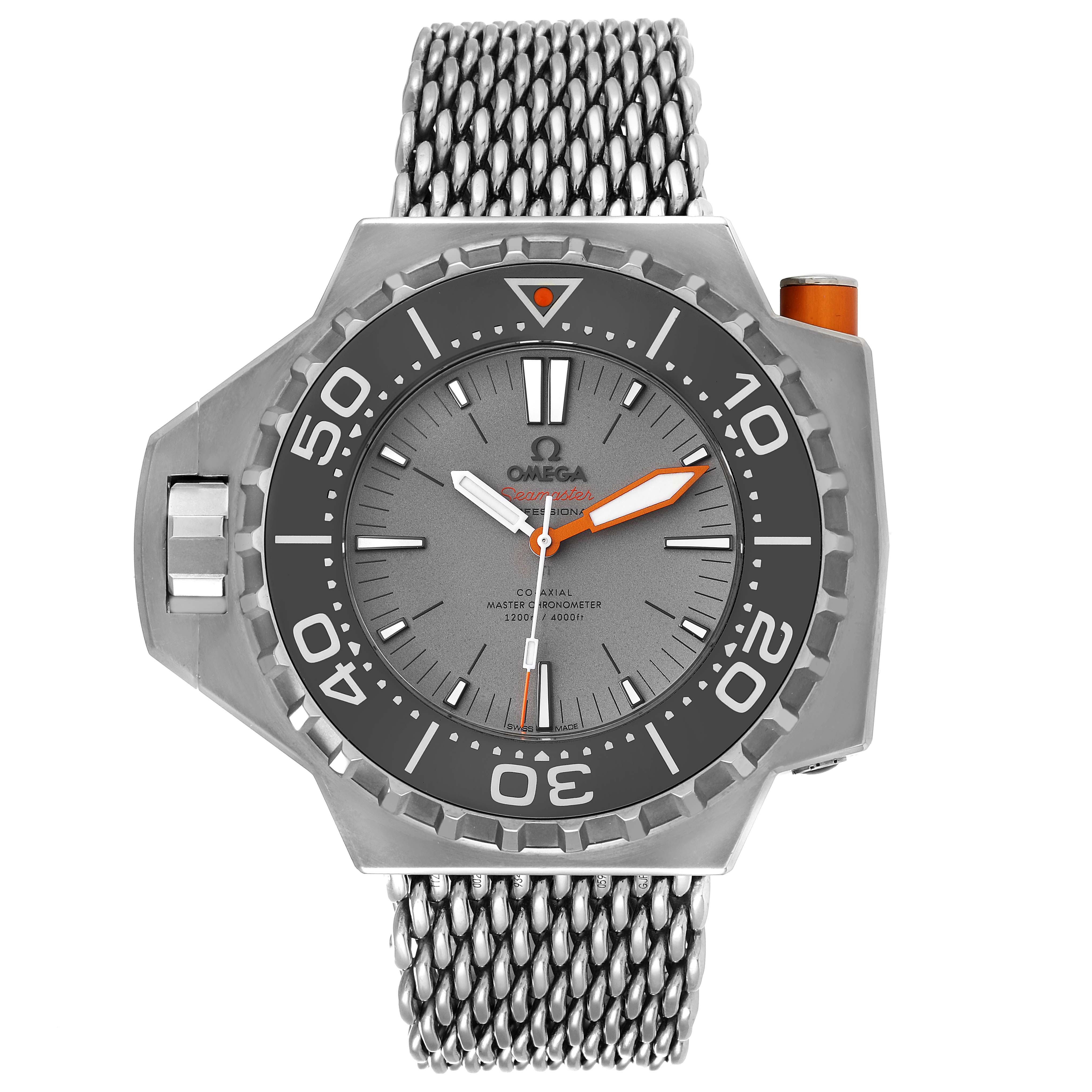 The image shows a front view of the Omega Ploprof 227.90.55.21.99.001 Men's Titanium Grey Dial 227.90.55.21.99.001 Men's Titanium Grey Dial watch, highlighting the dial, bezel, and stainless steel mesh bracelet.