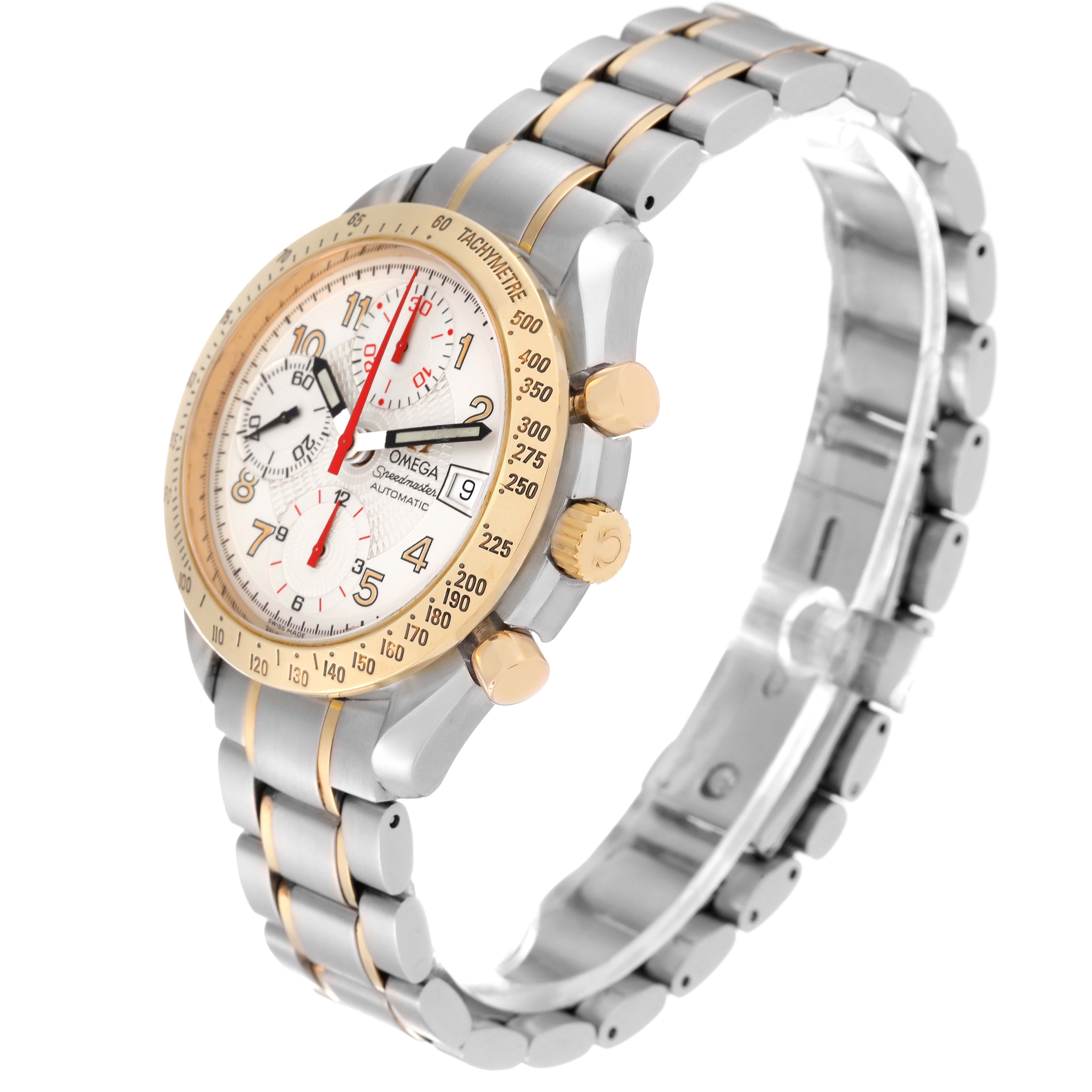The Omega Speedmaster 3313.33.00 Men's Steel and Gold (two tone) White Dial 3313.33.00 Men's Steel and Gold (two tone) White Dial watch is shown at an angled side view, displaying the face, bezel, crown, and part of the bracelet.