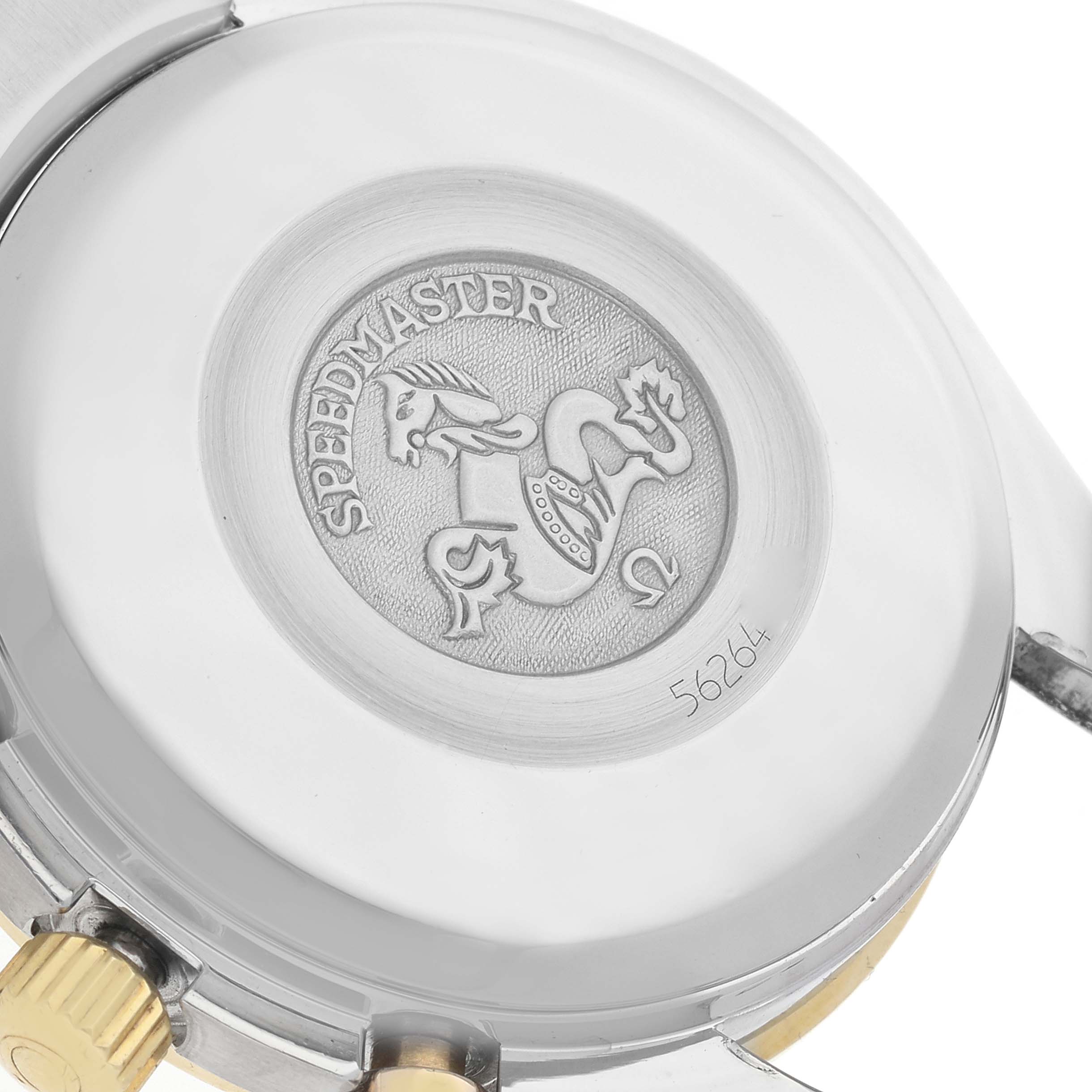 The image shows the case back of an Omega Speedmaster 3313.33.00 Men's Steel and Gold (two tone) White Dial 3313.33.00 Men's Steel and Gold (two tone) White Dial watch with its logo and engraving.