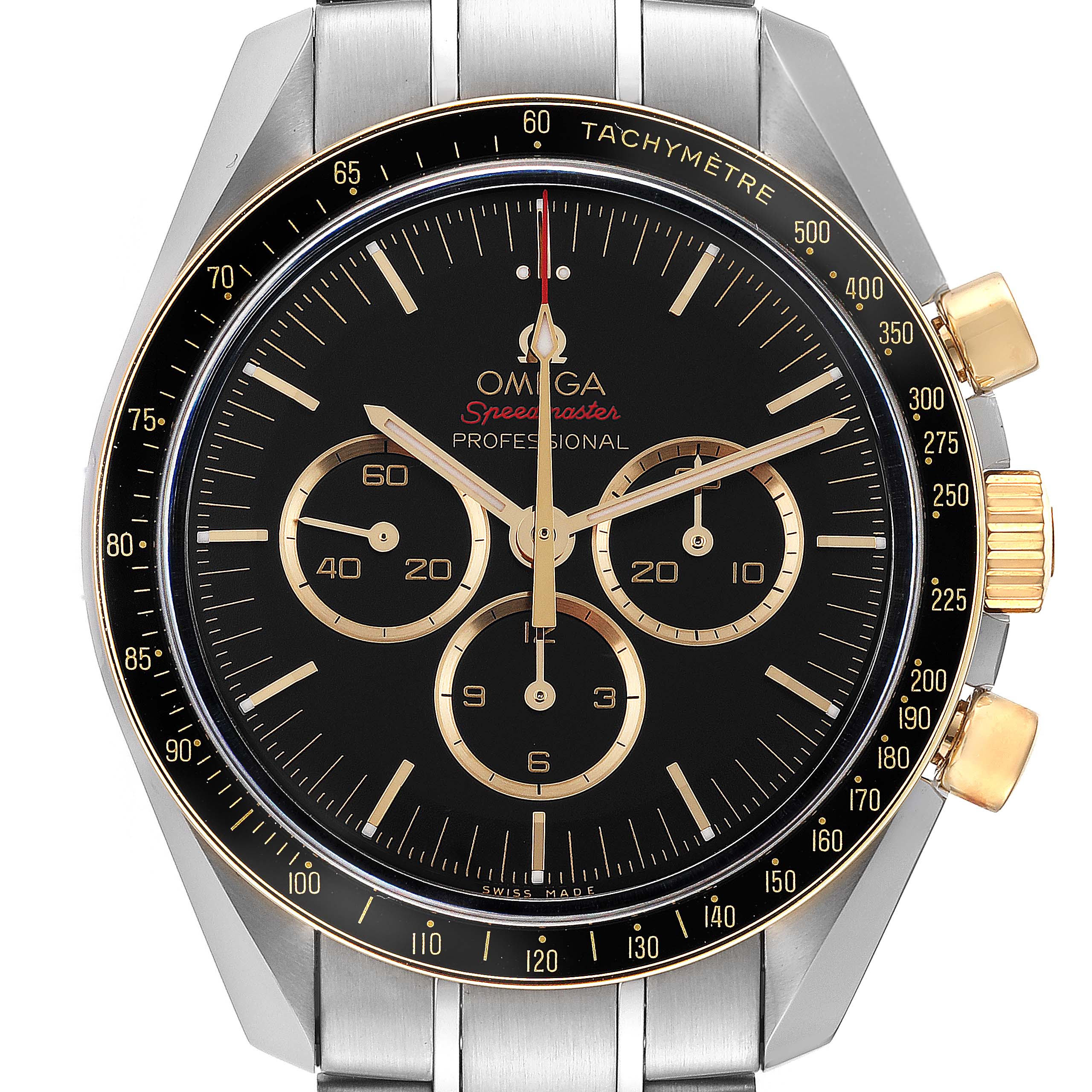 The image shows a front view of an Omega Speedmaster 522.20.42.30.01.001 Men's Steel and Gold (two tone) Black Dial 522.20.42.30.01.001 Men's Steel and Gold (two tone) Black Dial watch, highlighting the dial, tachymeter bezel, and pushers.