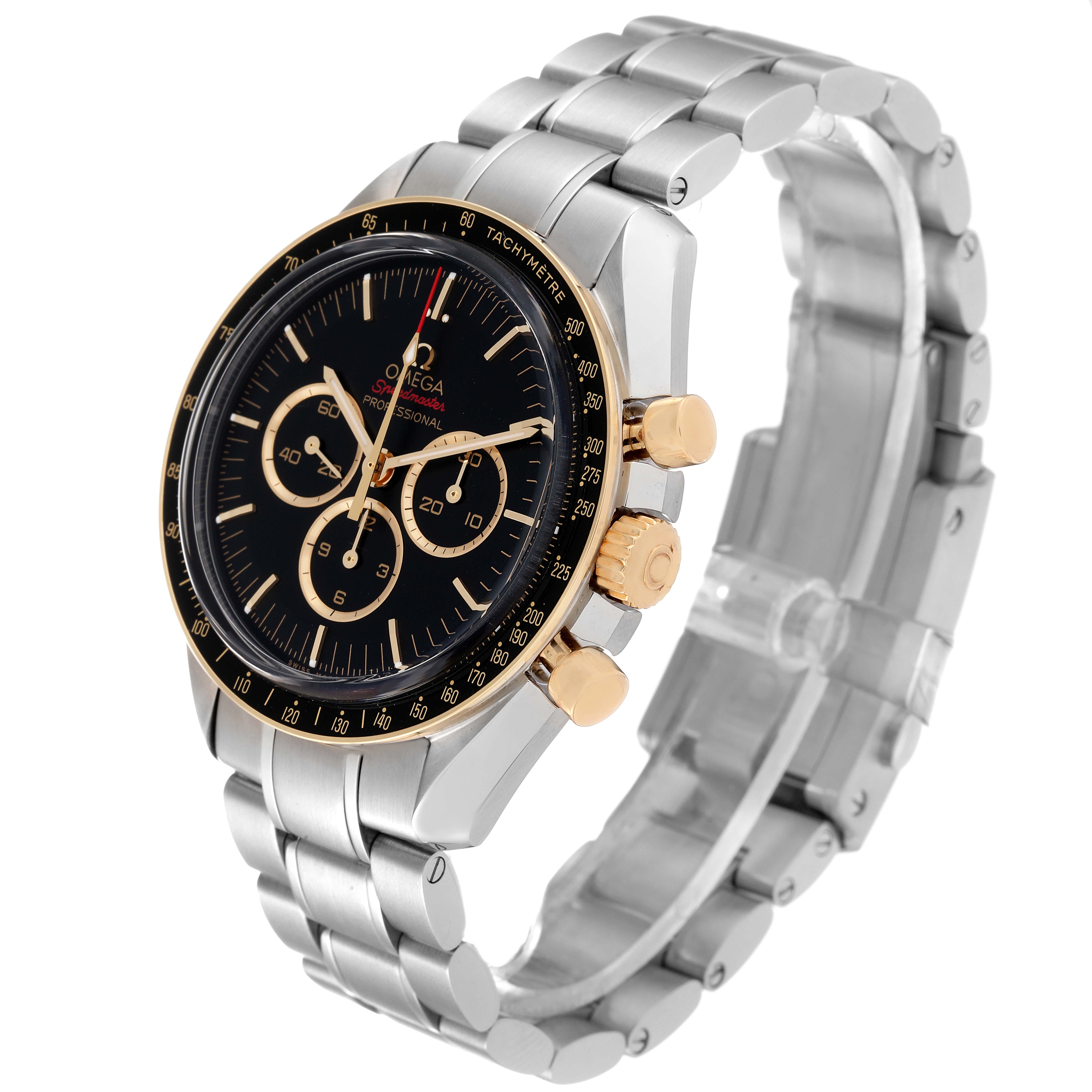 The Omega Speedmaster 522.20.42.30.01.001 Men's Steel and Gold (two tone) Black Dial 522.20.42.30.01.001 Men's Steel and Gold (two tone) Black Dial watch is angled to show its face, bezel, crown, pushers, and stainless steel bracelet.