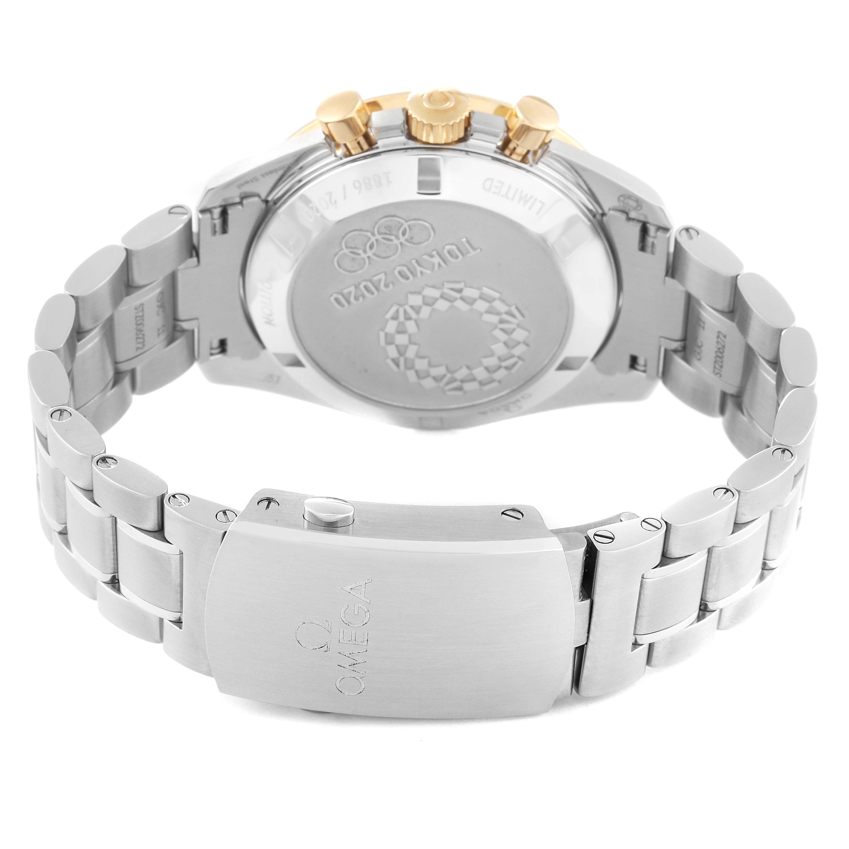 The image shows the back view of an Omega Speedmaster 522.20.42.30.01.001 Men's Steel and Gold (two tone) Black Dial 522.20.42.30.01.001 Men's Steel and Gold (two tone) Black Dial watch, highlighting its case back, clasp, and bracelet.