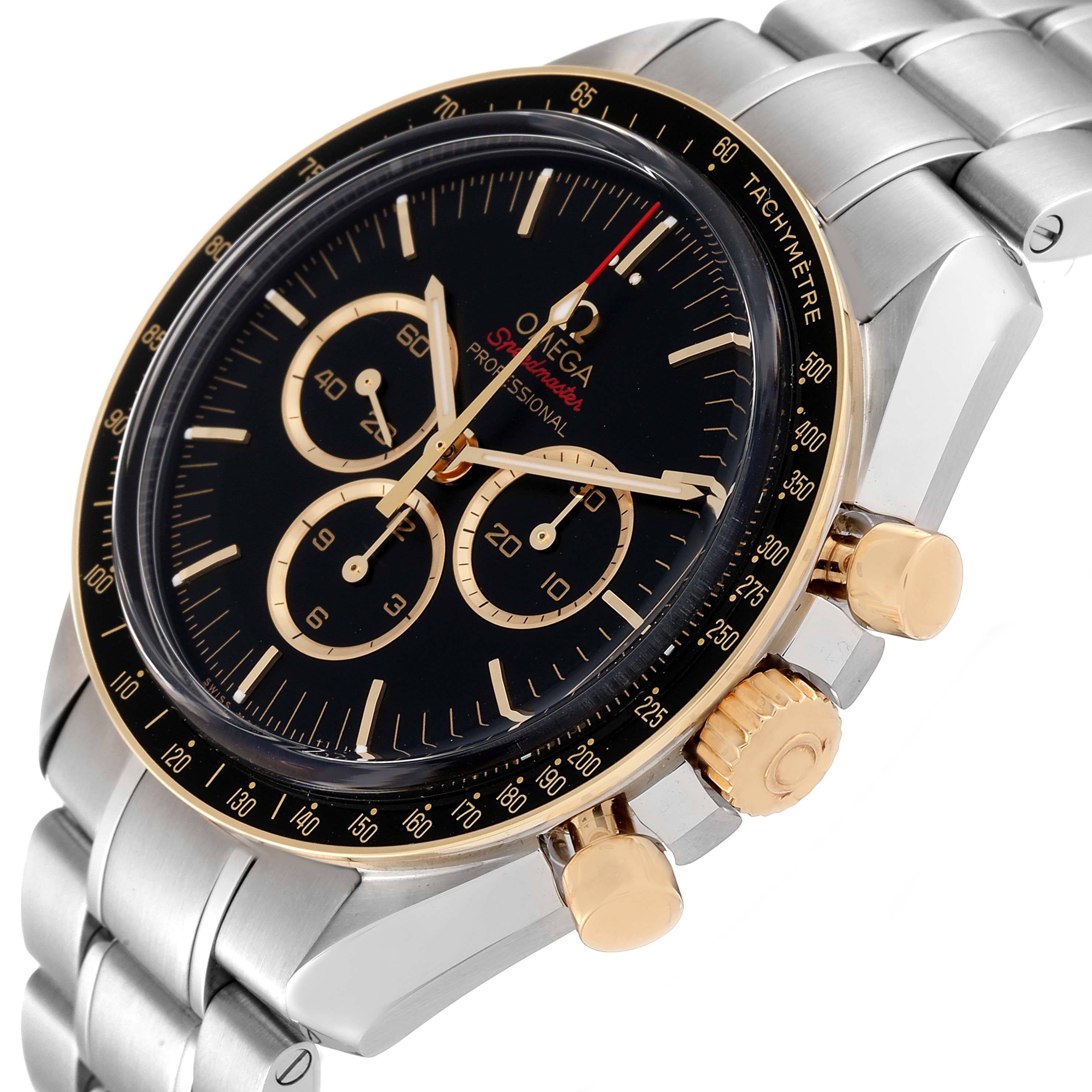 The Omega Speedmaster 522.20.42.30.01.001 Men's Steel and Gold (two tone) Black Dial 522.20.42.30.01.001 Men's Steel and Gold (two tone) Black Dial watch is shown at a three-quarter angle focusing on the dial, tachymeter bezel, and two pushers on the right side.