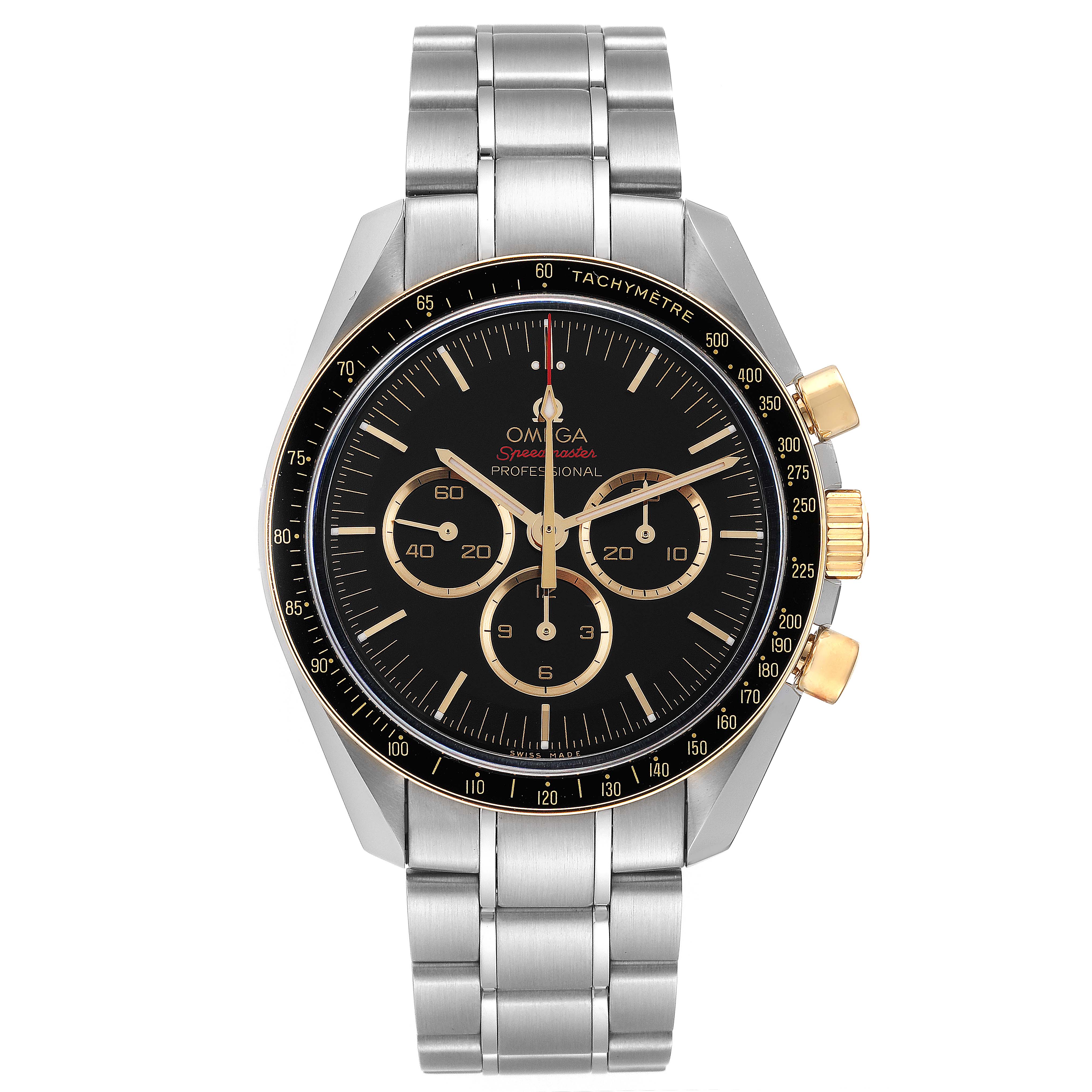 The image shows a front view of an Omega Speedmaster 522.20.42.30.01.001 Men's Steel and Gold (two tone) Black Dial 522.20.42.30.01.001 Men's Steel and Gold (two tone) Black Dial watch featuring a black dial, tachymeter bezel, and metal bracelet.