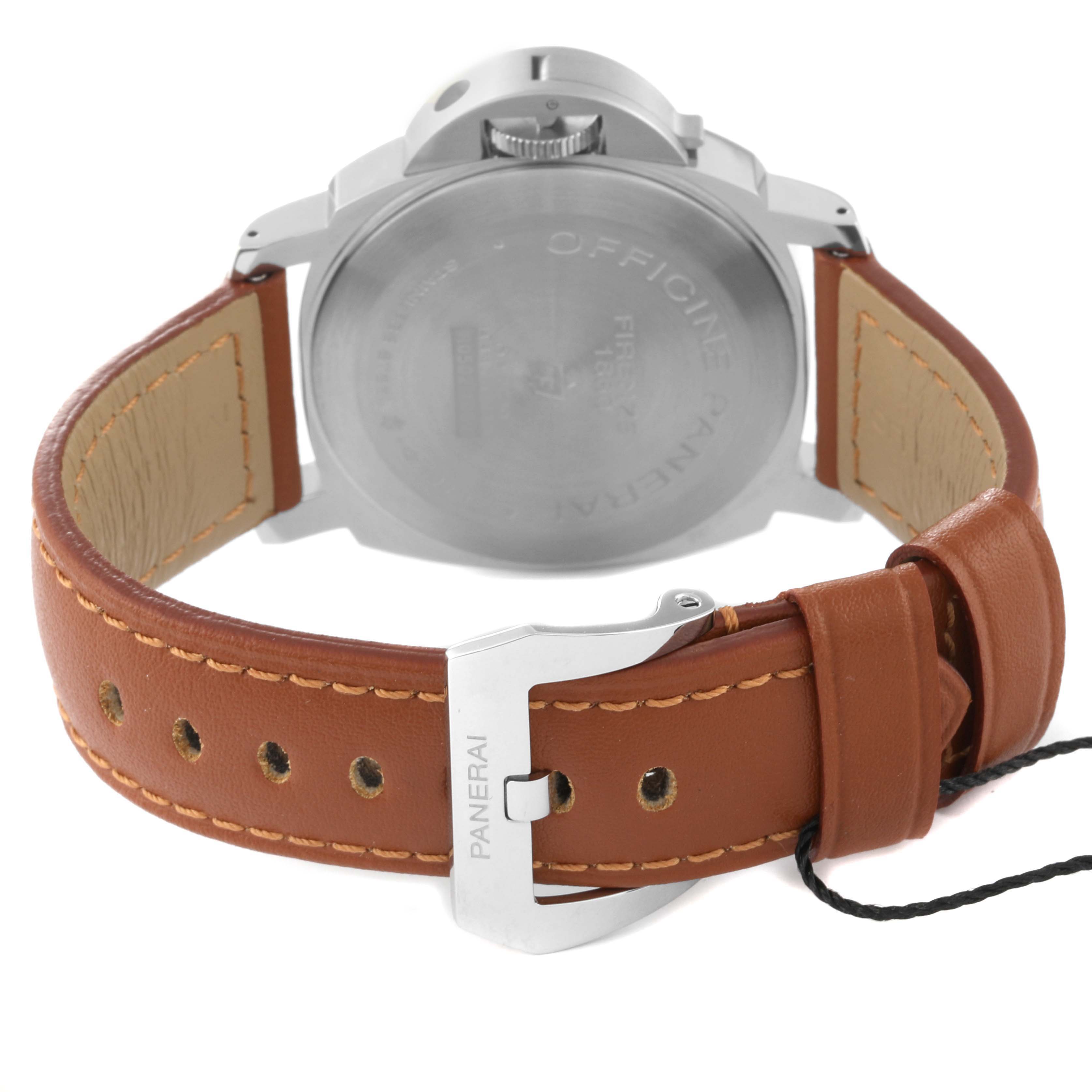 The image shows the back case and brown leather strap with buckle of a Panerai Luminor PAM00632 Men
s Stainless Steel Brown Dial PAM00632 Men
s Stainless Steel Brown Dial watch from a rear angle.