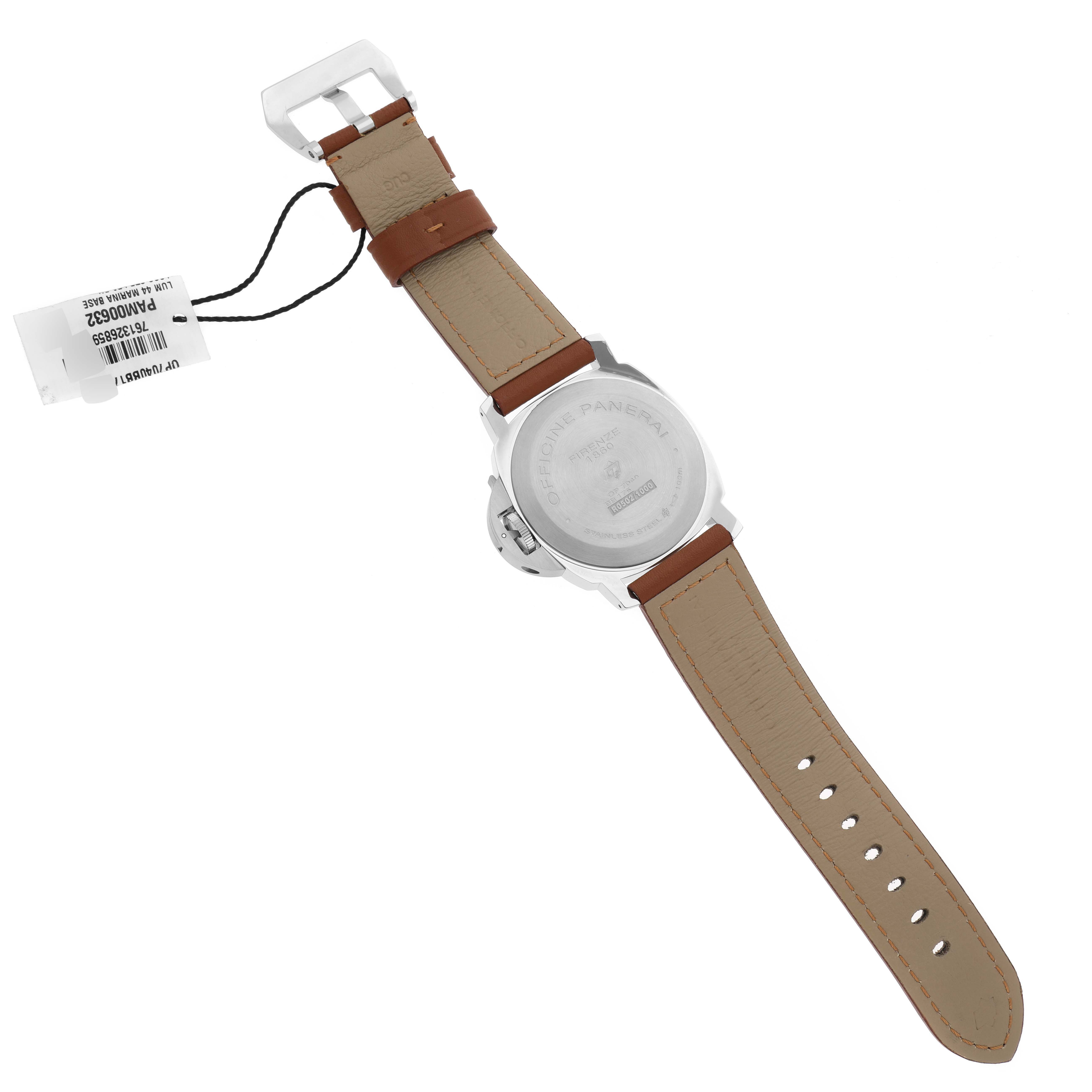 The image shows a Panerai Luminor PAM00632 Men
s Stainless Steel Brown Dial PAM00632 Men
s Stainless Steel Brown Dial watch from the back, displaying the strap and case back.